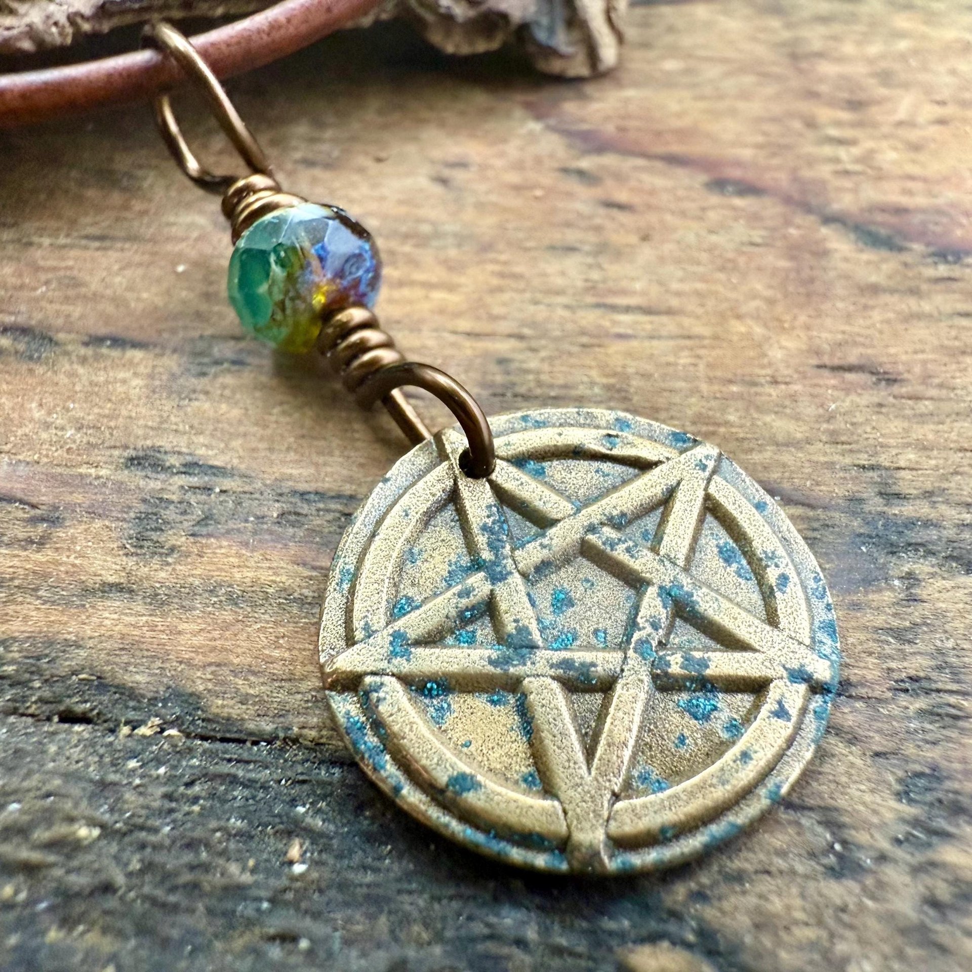 Pentagram Bronze Charm, Pentacle Pendant, Czech Glass Bead, Leather & Vegan Cords, Pagan Wicca, 5 Elements Star, Handmade, Witchy Things