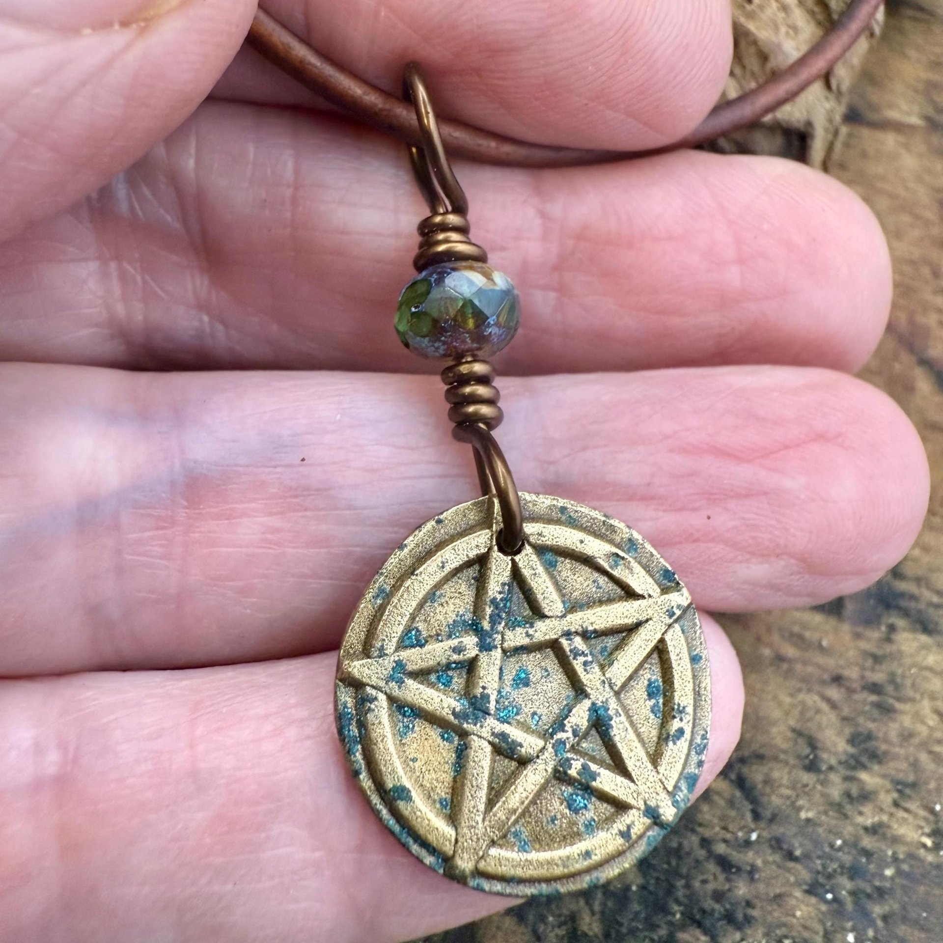 Pentagram Bronze Charm, Pentacle Pendant, Czech Glass Bead, Leather & Vegan Cords, Pagan Wicca, 5 Elements Star, Handmade, Witchy Things