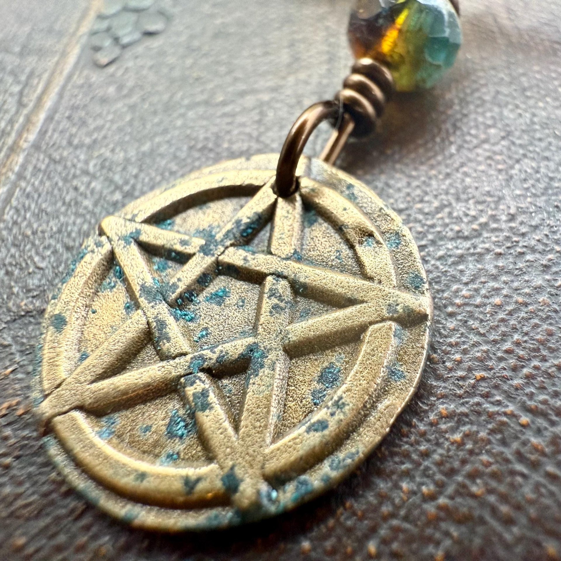 Pentagram Bronze Charm, Pentacle Pendant, Czech Glass Bead, Leather & Vegan Cords, Pagan Wicca, 5 Elements Star, Handmade, Witchy Things