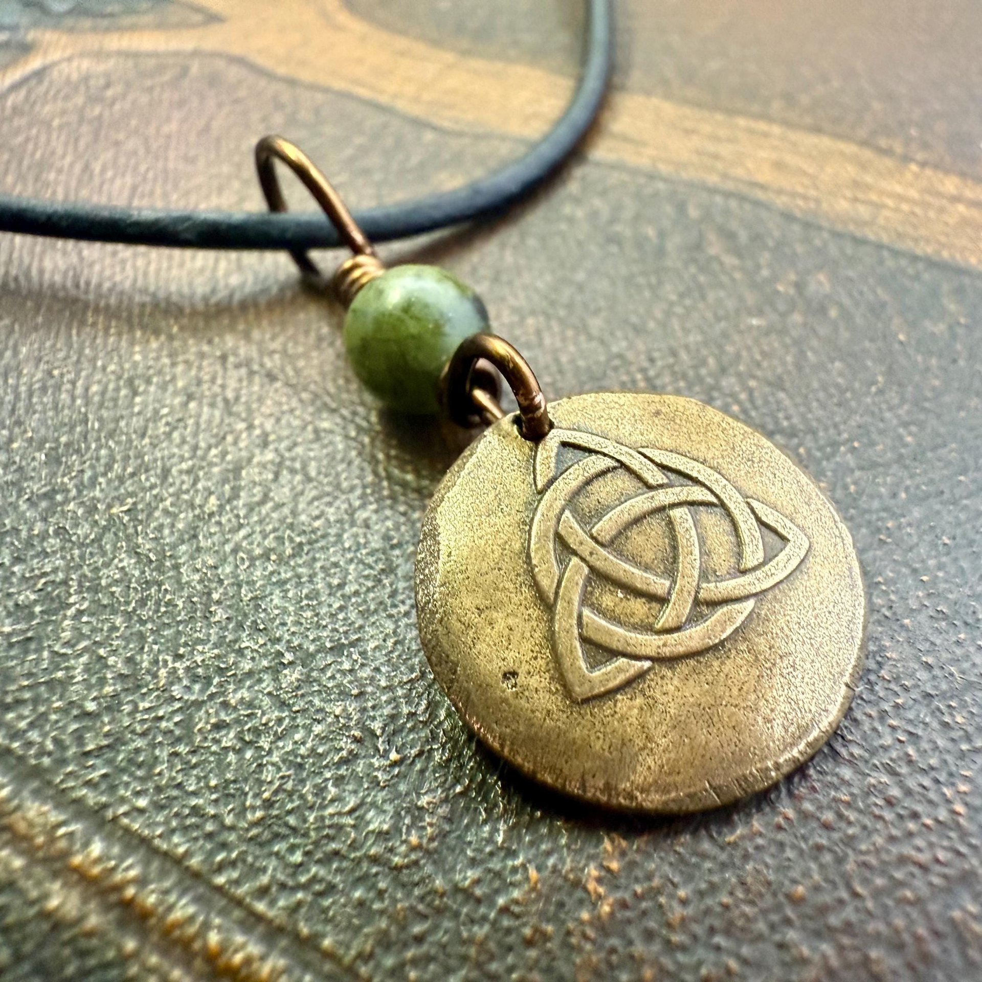 Bronze Trinity Knot, Triquetra, Wax Seal Charm, Connemara Marble, Irish Celtic Jewelry, Pagan, 8th Anniversary, Triple Goddess, Celtic Witch