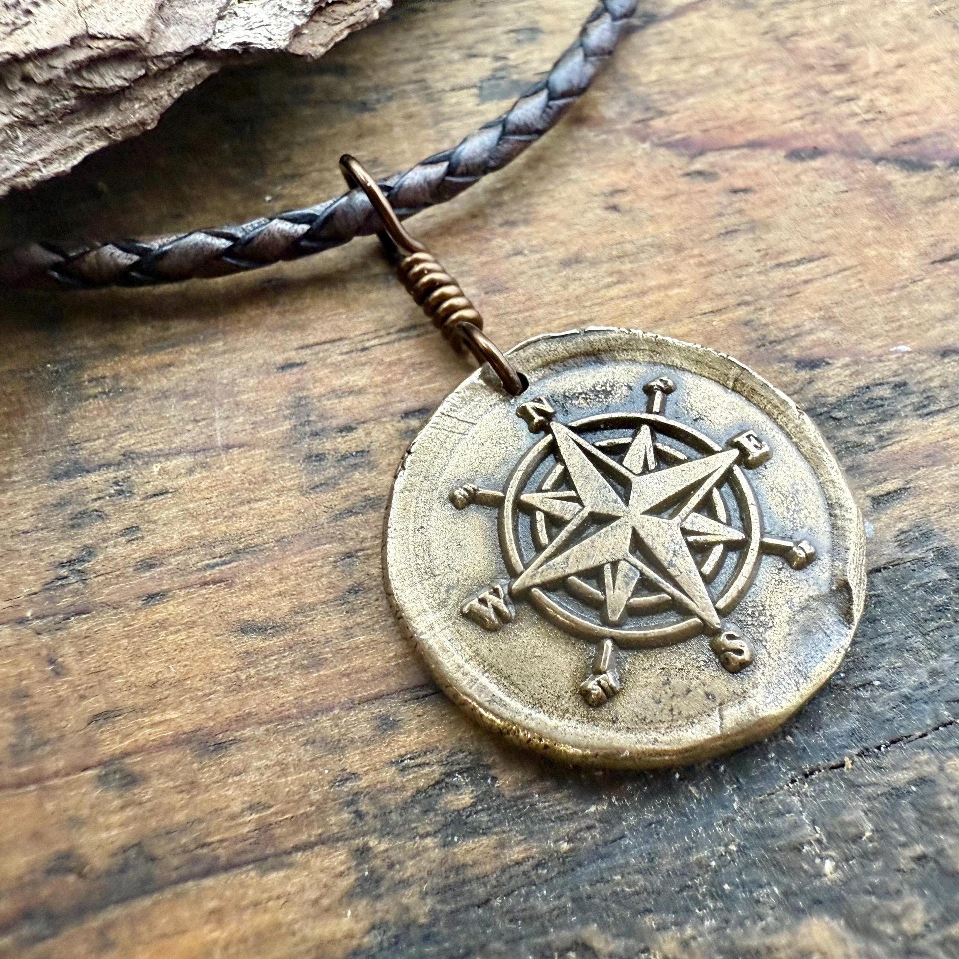 Compass Rose Charm, Bronze Compass Necklace, Nautical Sailing Gifts, Protection Guidance Talisman, Men's Jewelry, Grad Gifts, Handmade Art