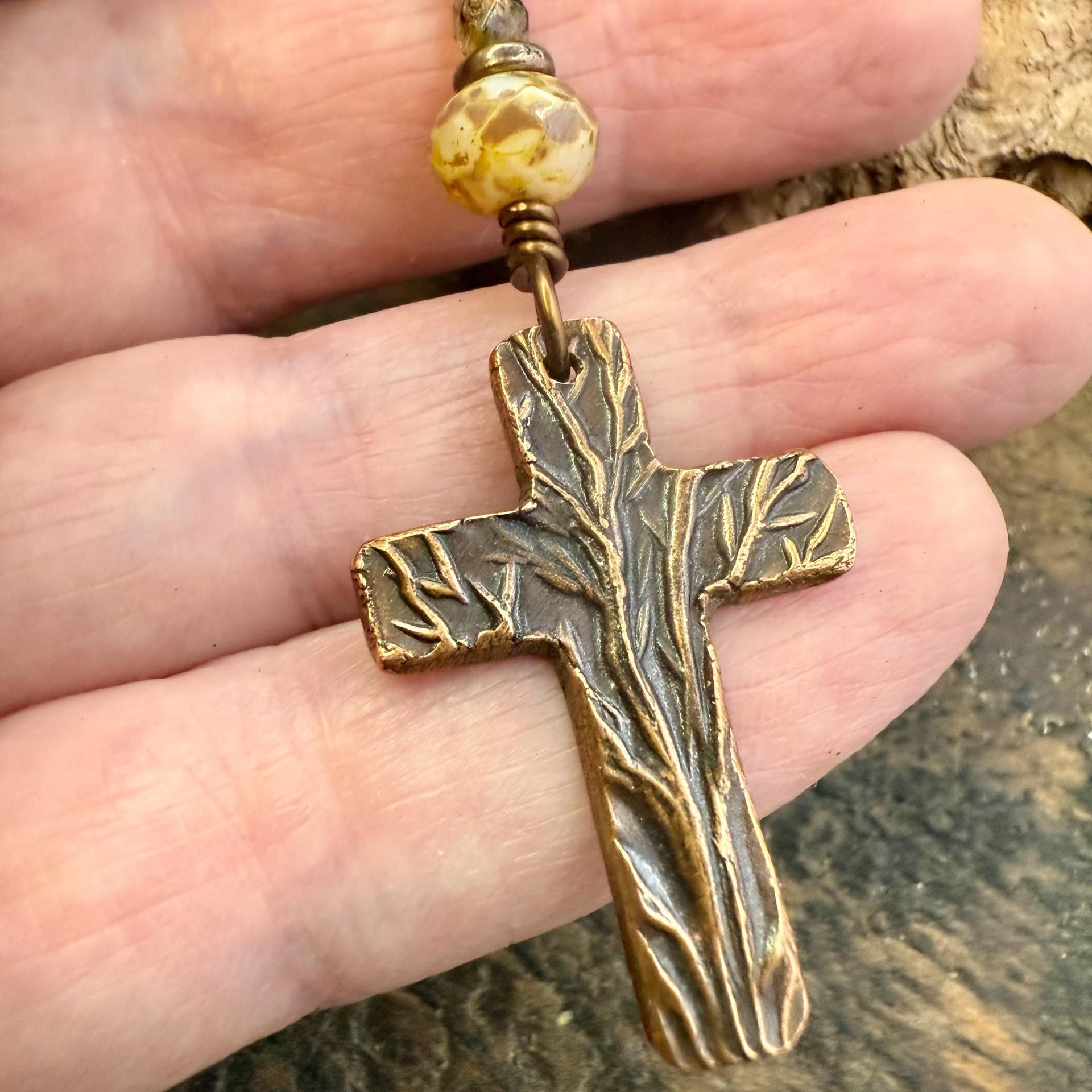 Tree Cross Charm, Copper Pendant, Tree Branches, Czech Glass Beads, Leather & Vegan Cords, Handmade Art Jewelry, Tree of Life, Witchy Things