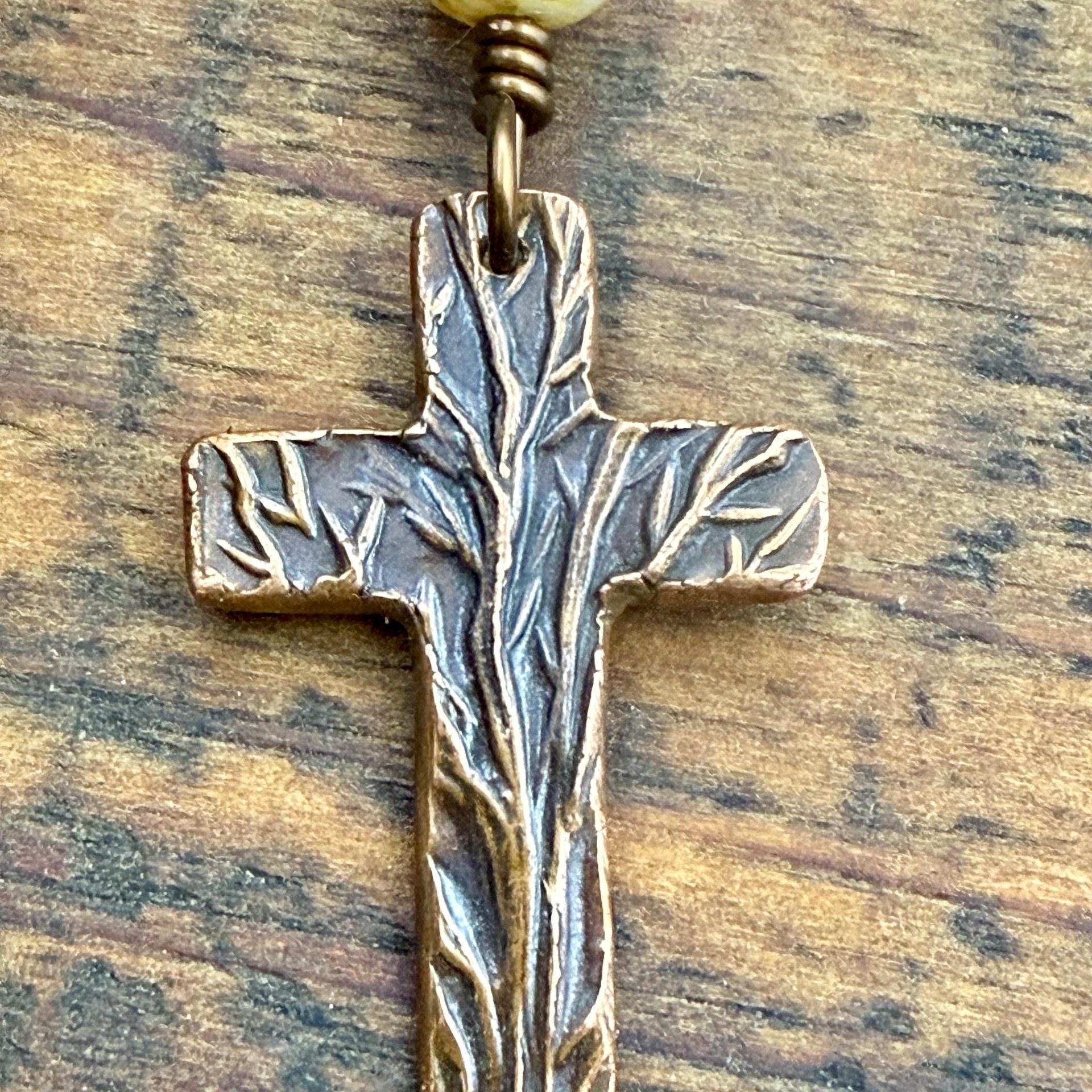 Tree Cross Charm, Copper Pendant, Tree Branches, Czech Glass Beads, Leather & Vegan Cords, Handmade Art Jewelry, Tree of Life, Witchy Things