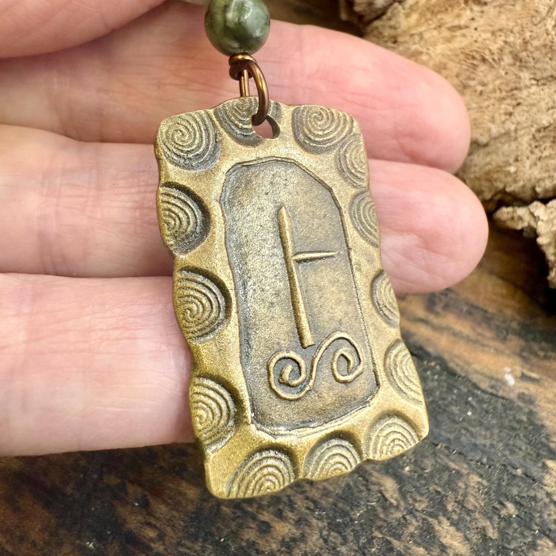 Birch Tree Ogham Charm, Bronze Pendant, Connemara Marble, Celtic Tree Astrology, Hand Carved, Irish Celtic Jewelry, December 24 – January 20