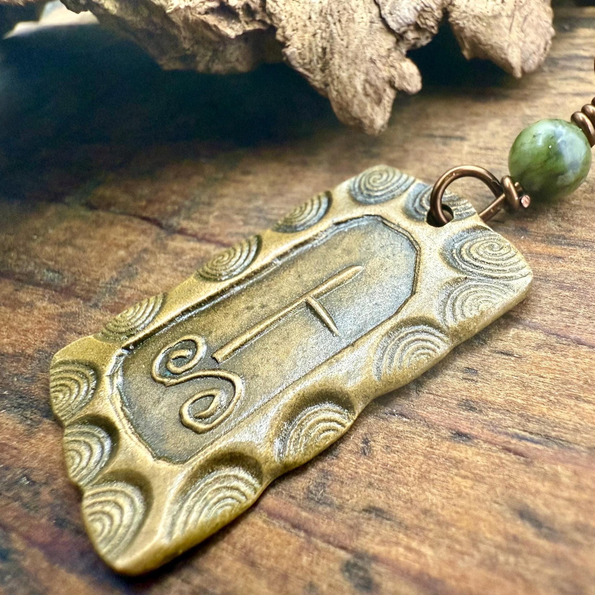 Birch Tree Ogham Charm, Bronze Pendant, Connemara Marble, Celtic Tree Astrology, Hand Carved, Irish Celtic Jewelry, December 24 – January 20