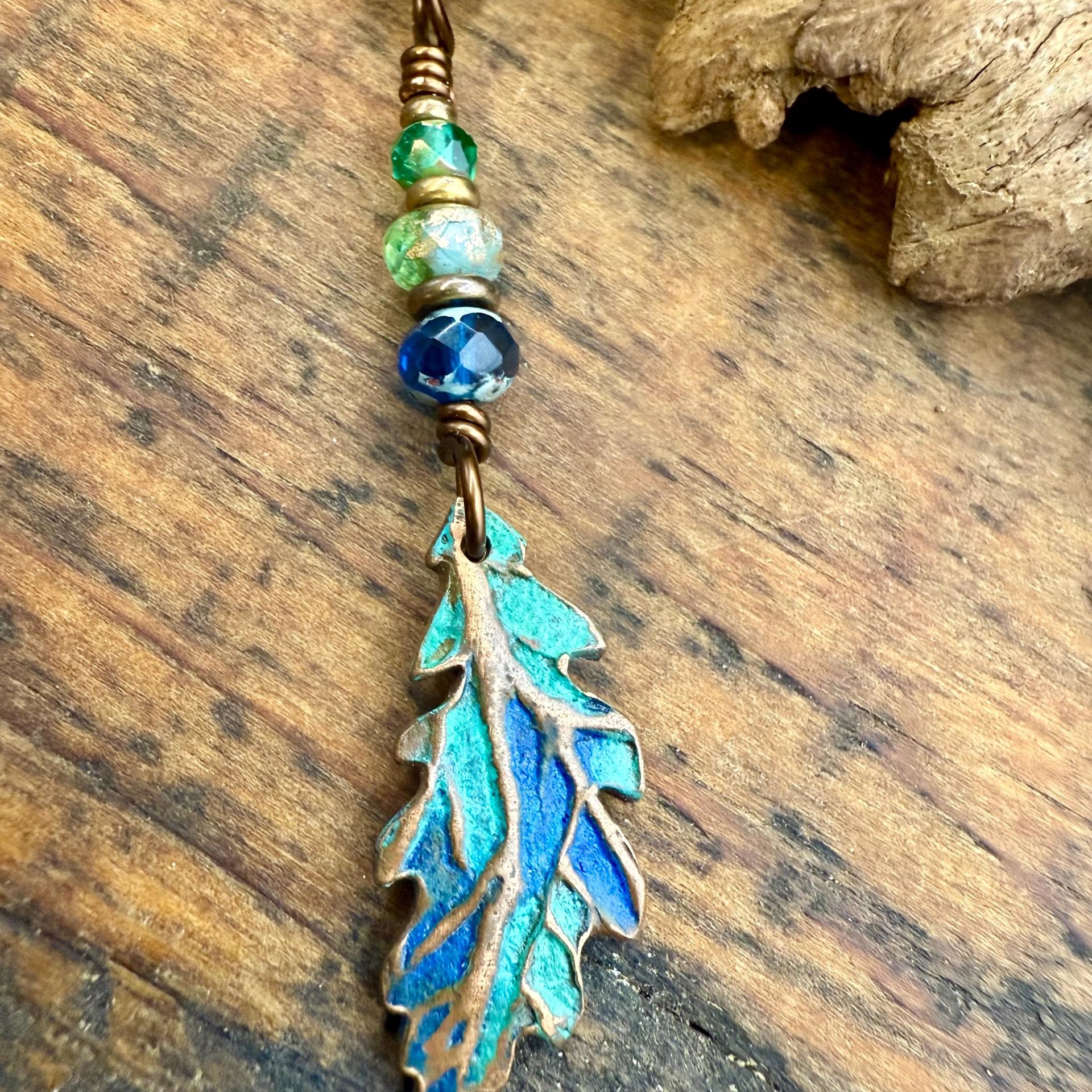 Copper Oak Leaf Pendant, Colorful Patina, Czech Glass Beads, Green Witch, Earthy Rustic, Celtic Tree Astrology, Sacred Oak Tree, Aqua Blue