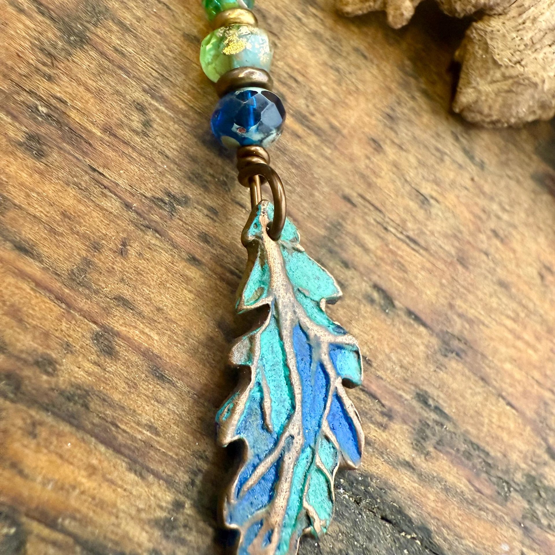 Copper Oak Leaf Pendant, Colorful Patina, Czech Glass Beads, Green Witch, Earthy Rustic, Celtic Tree Astrology, Sacred Oak Tree, Aqua Blue