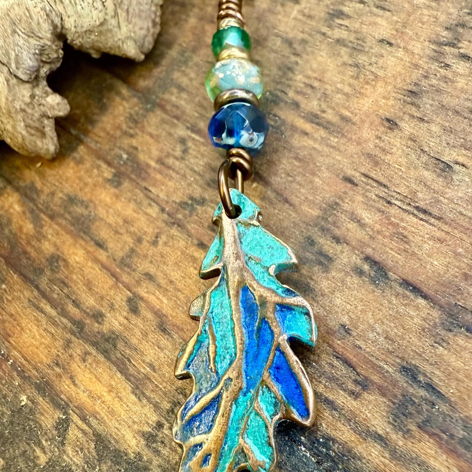 Copper Oak Leaf Pendant, Colorful Patina, Czech Glass Beads, Green Witch, Earthy Rustic, Celtic Tree Astrology, Sacred Oak Tree, Aqua Blue