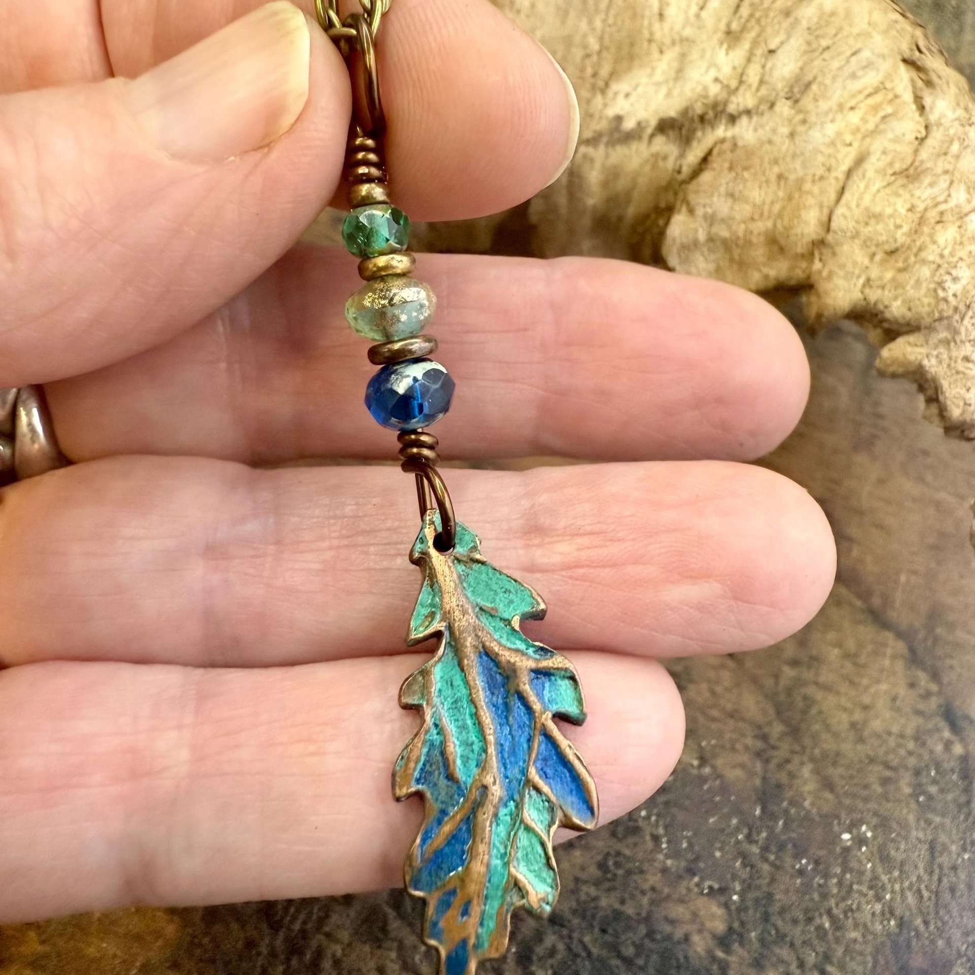 Copper Oak Leaf Pendant, Colorful Patina, Czech Glass Beads, Green Witch, Earthy Rustic, Celtic Tree Astrology, Sacred Oak Tree, Aqua Blue