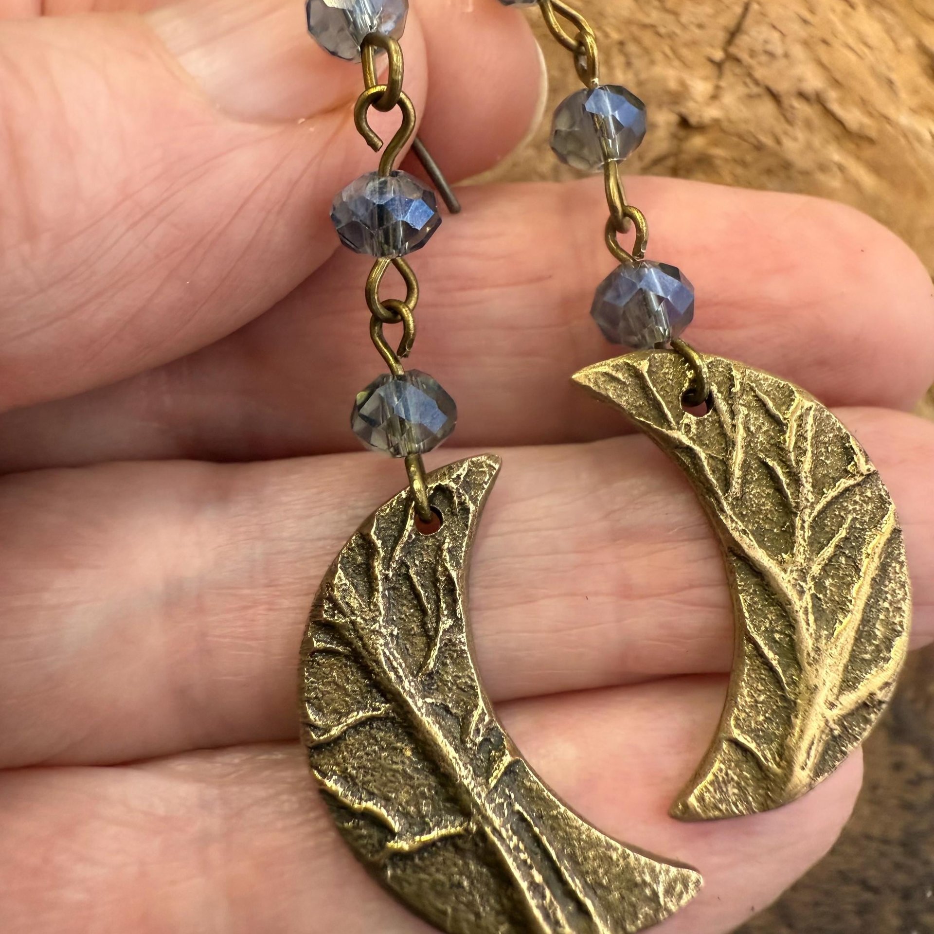 Crescent Moon Bronze Earrings, Midnight Blue Crystal Beads, Celtic Moon Goddess, Long Beaded Moon Earrings, Hypoallergenic, Pagan Wicca Art
