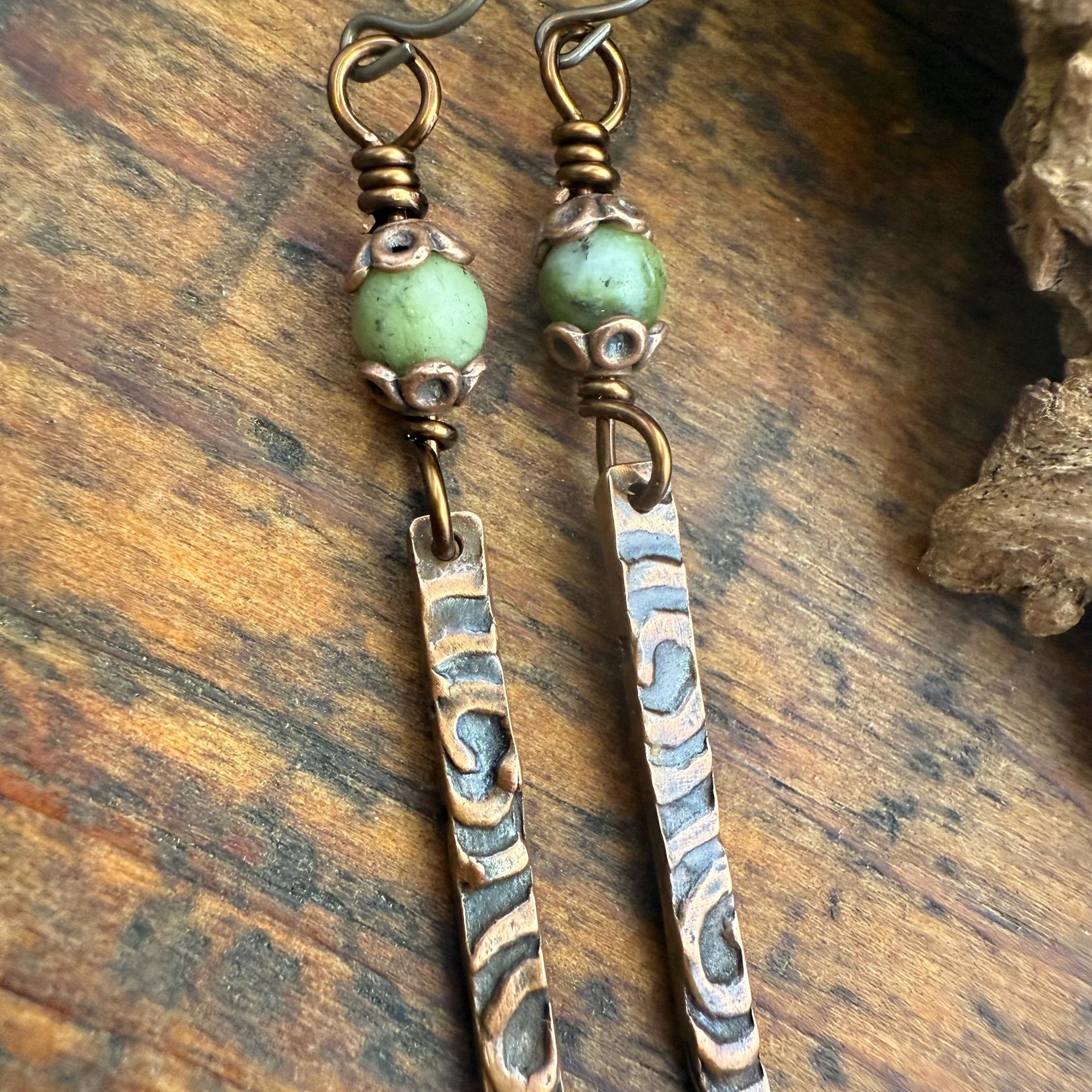 Copper Dangle Stick Earrings, Connemara Marble Bead, Long Skinny, Hypoallergenic Ear Wires, Earthy Rustic