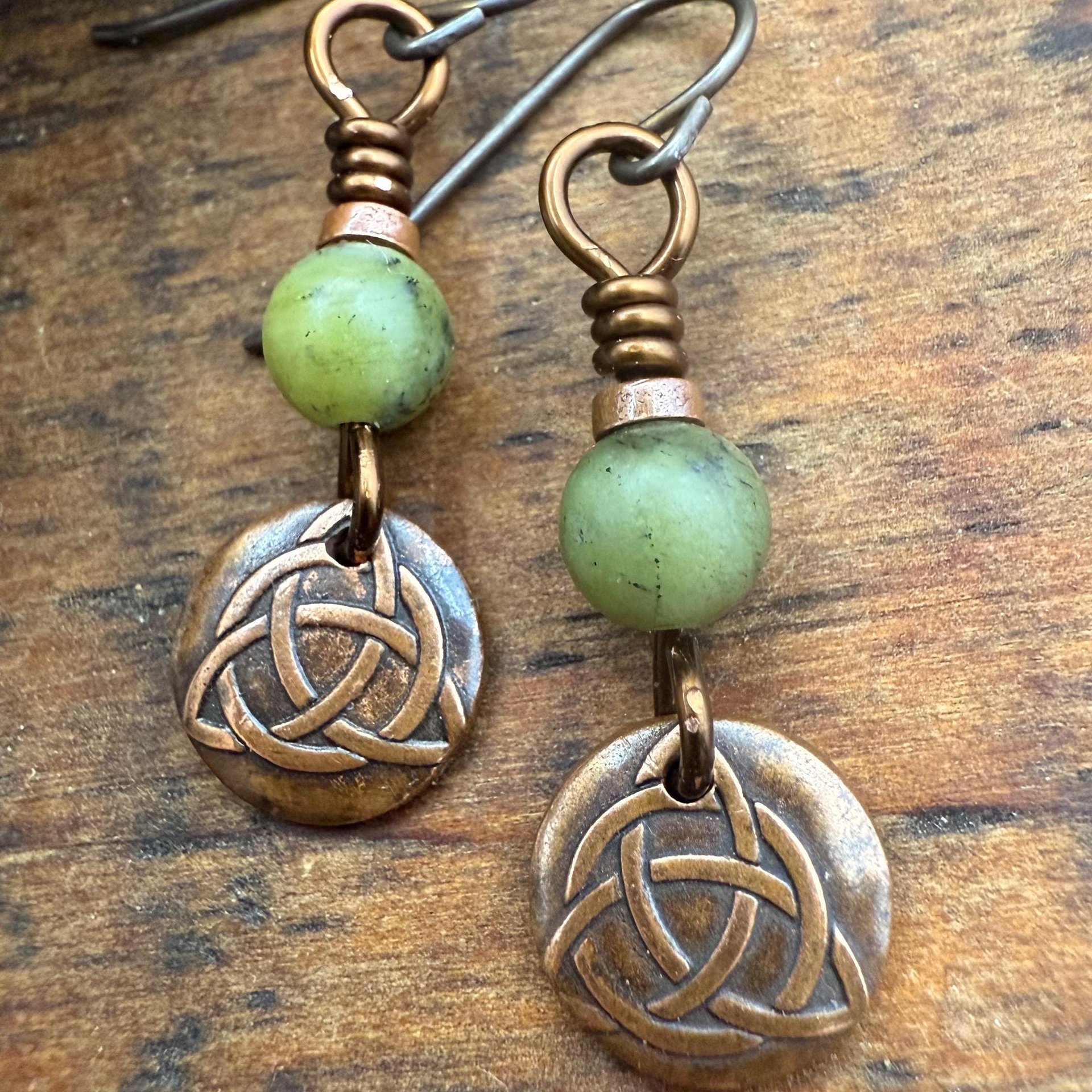 Trinity Knot Earrings, Triquetra, Tiny Copper Discs, Connemara Marble, Irish Celtic Jewelry, Hypoallergenic Ear Wires, Wax Seal Jewelry
