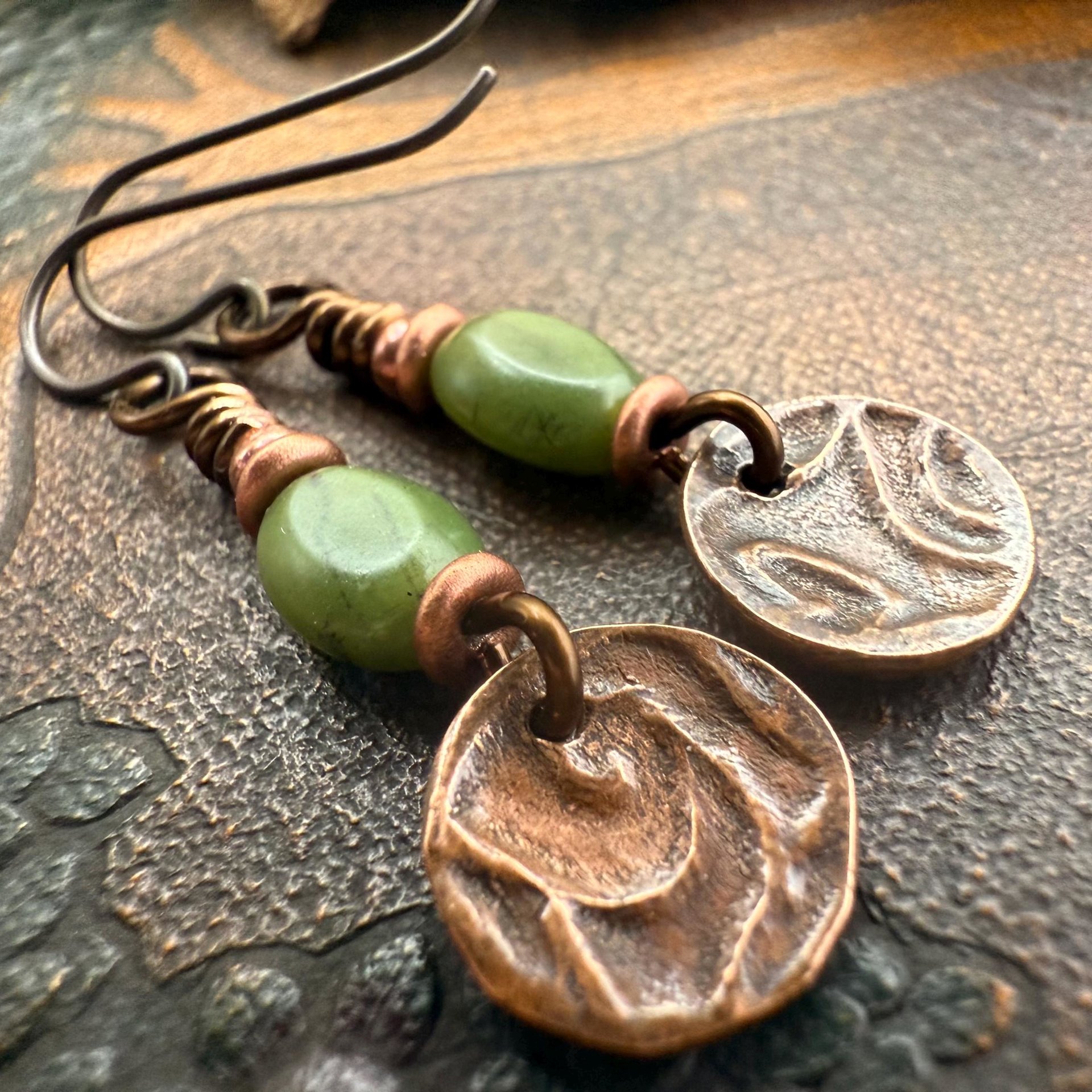 Triskele Copper Earrings, Triple Spirals, Triskelion, Connemara Marble, Irish Celtic Jewelry, Copper Disc Earrings, Hypoallergenic Earrings