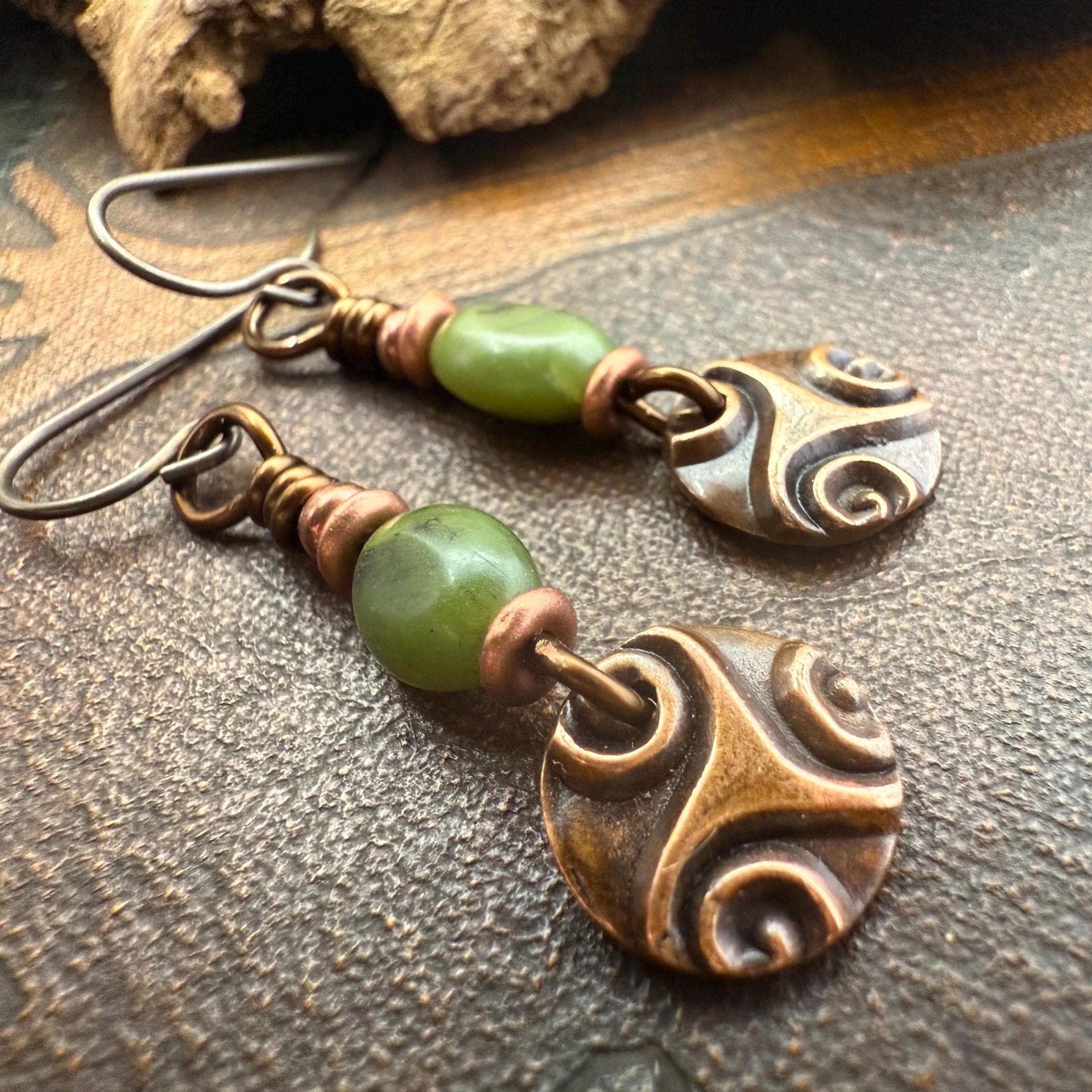 Triskele Copper Earrings, Triple Spirals, Triskelion, Connemara Marble, Irish Celtic Jewelry, Copper Disc Earrings, Hypoallergenic Earrings