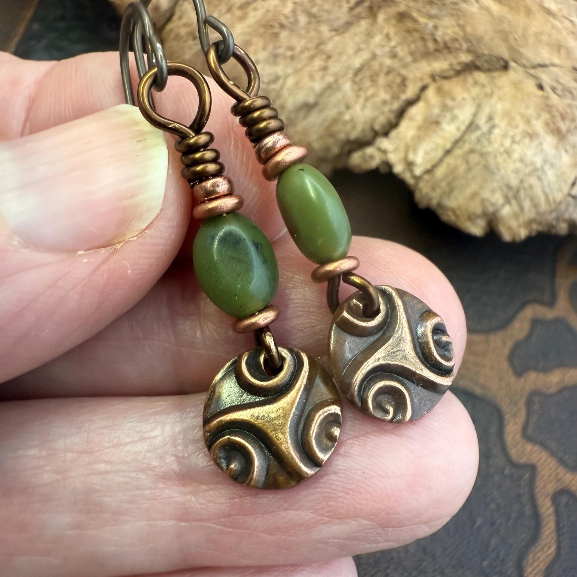 Triskele Copper Earrings, Triple Spirals, Triskelion, Connemara Marble, Irish Celtic Jewelry, Copper Disc Earrings, Hypoallergenic Earrings