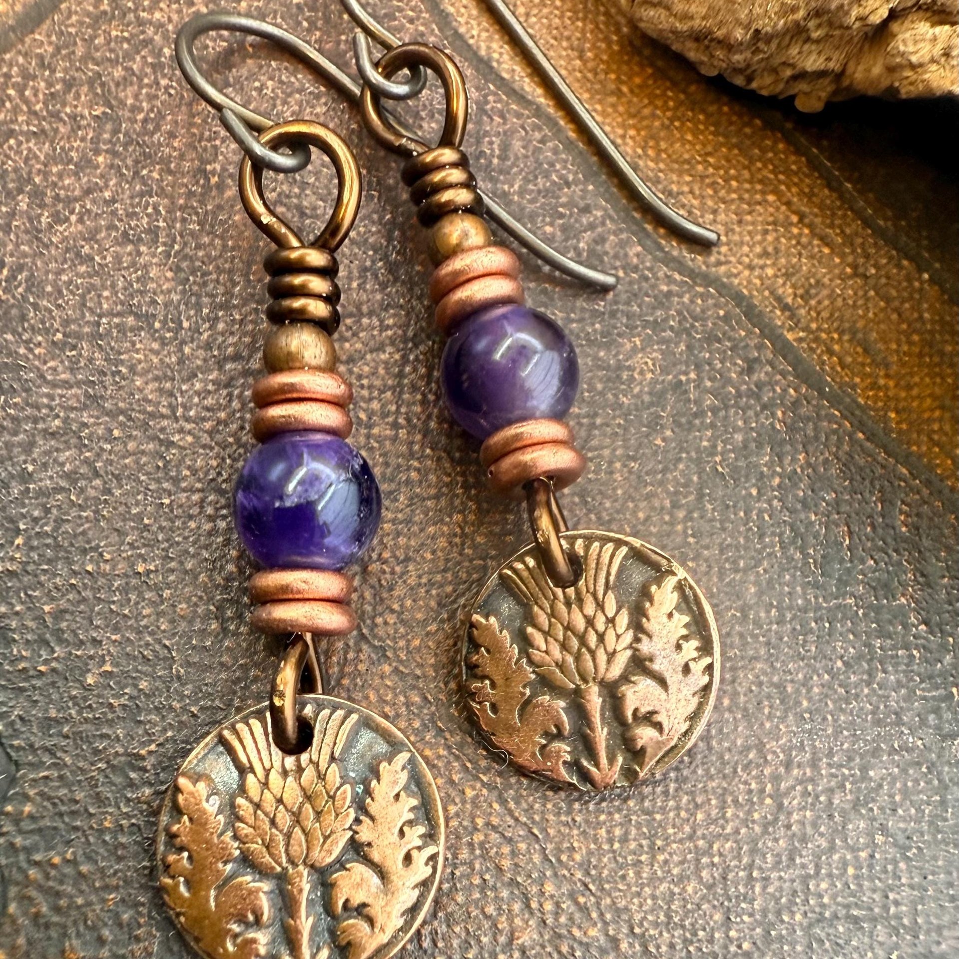 Scottish Thistle Earrings, Outlander Gifts, Copper Anniversary, Thistle of Scotland, Amethyst, Wax Seal Charm, Highlander, Disc Earrings