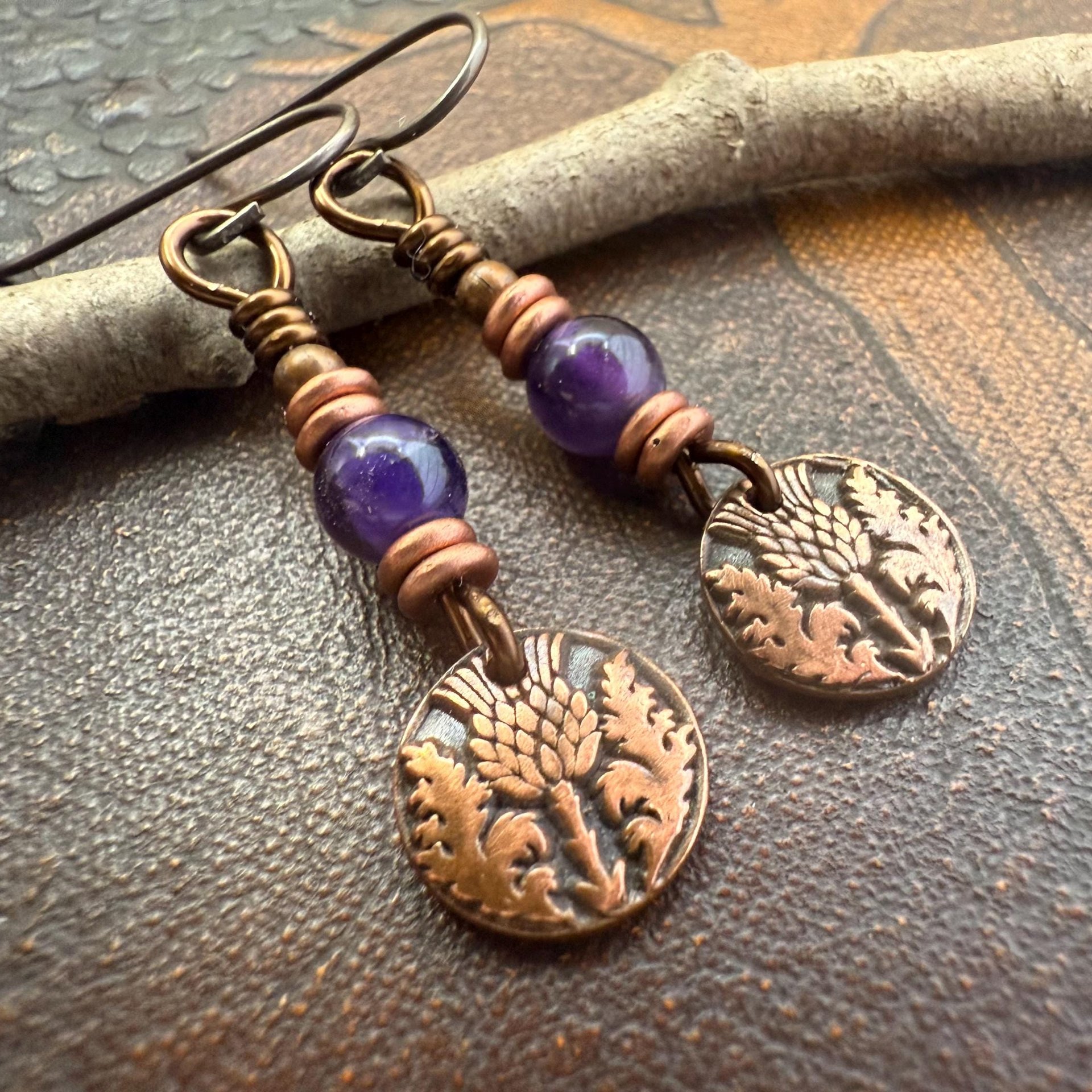 Scottish Thistle Earrings, Outlander Gifts, Copper Anniversary, Thistle of Scotland, Amethyst, Wax Seal Charm, Highlander, Disc Earrings