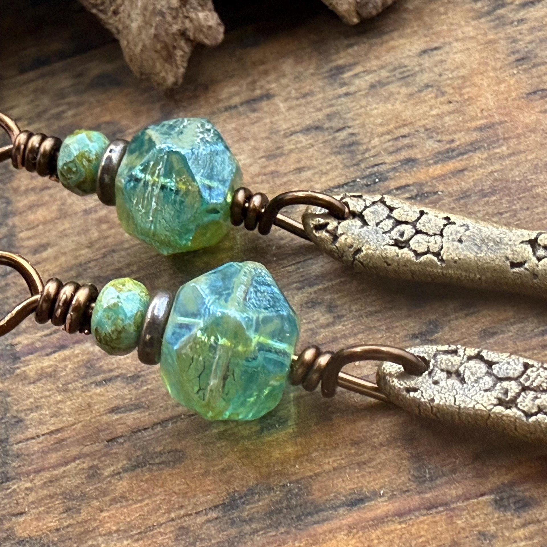 Bronze Dangle Drop Earrings, Coral Fossil Texture, Czech Glass Beads, Bronze Aqua Blue, Hypoallergenic Niobium Ear Wires, Earthy Primitive
