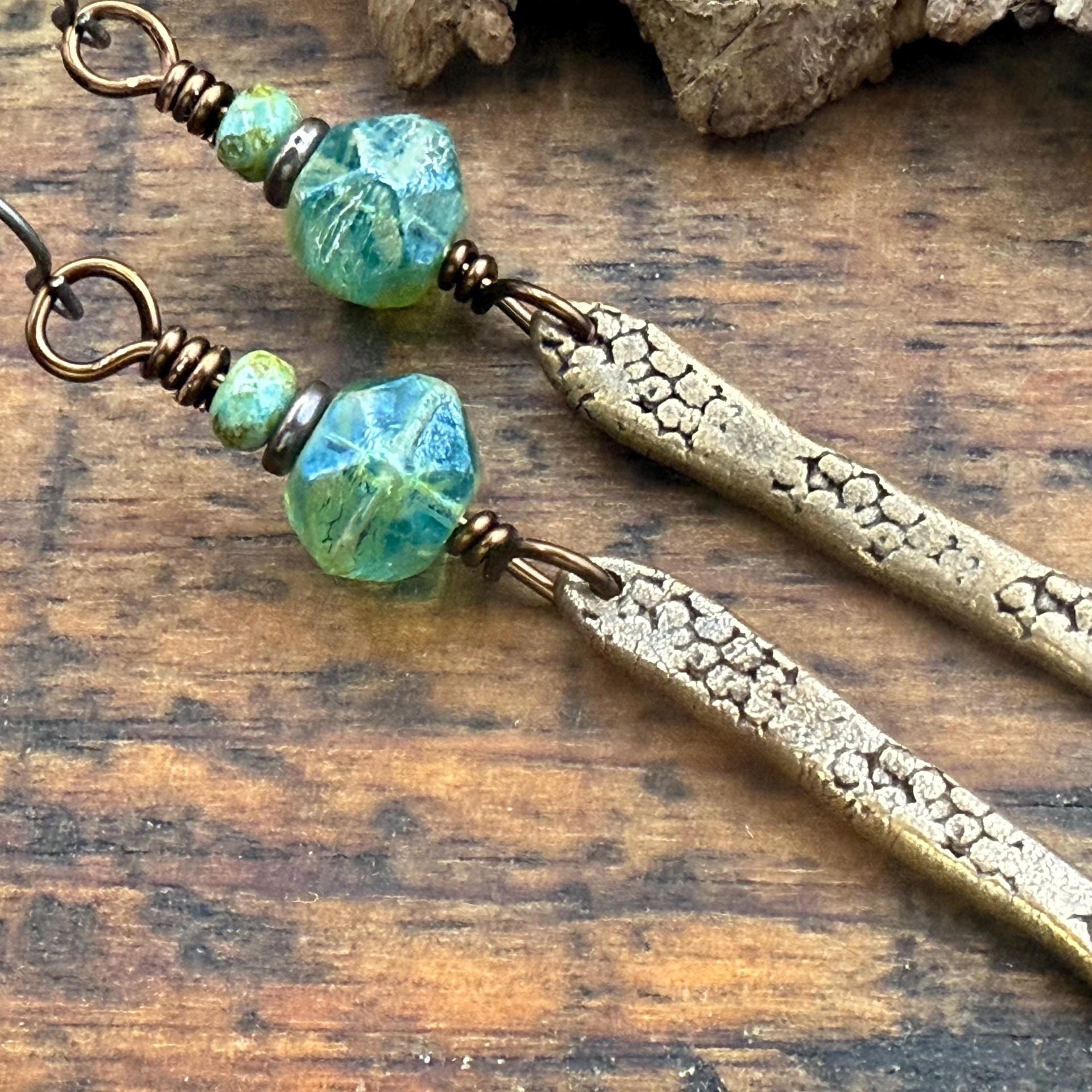 Bronze Dangle Drop Earrings, Coral Fossil Texture, Czech Glass Beads, Bronze Aqua Blue, Hypoallergenic Niobium Ear Wires, Earthy Primitive