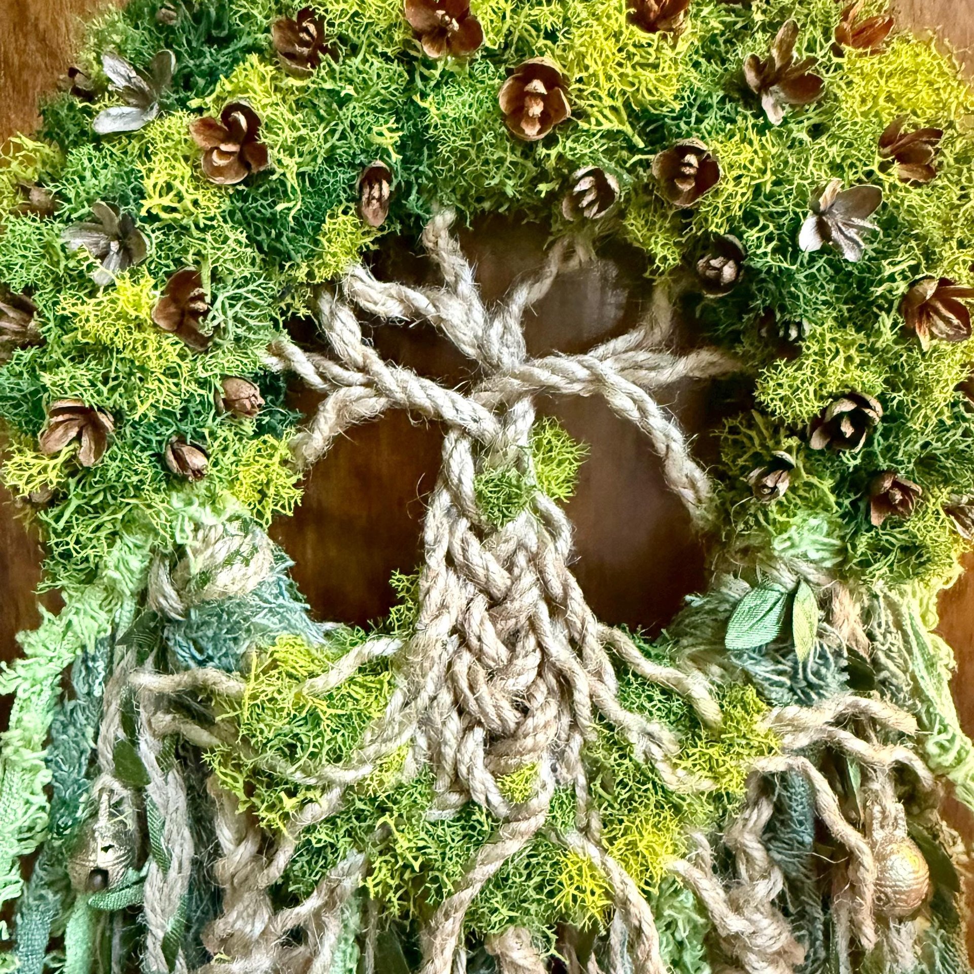 Tree of Life Witch Bells, Home & Door Protection, Doorknob, 5 Inch Mossy Wreath, Housewarming Gifts, Spirit Altar Bells, Recycled Ribbons