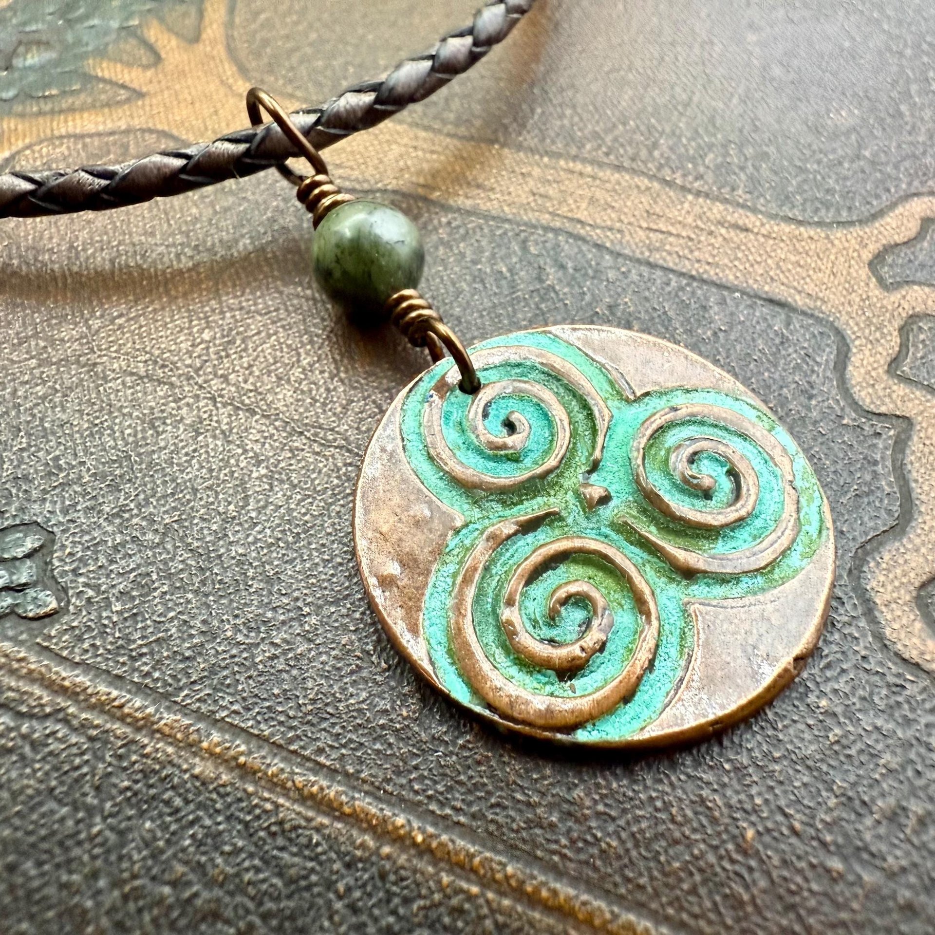 Triskele Copper Pendant, Verdigris Patina, Hand Carved, Connemara Marble, Triskelion Triple Spiral, Irish Celtic Pagan, Newgrange Ireland
