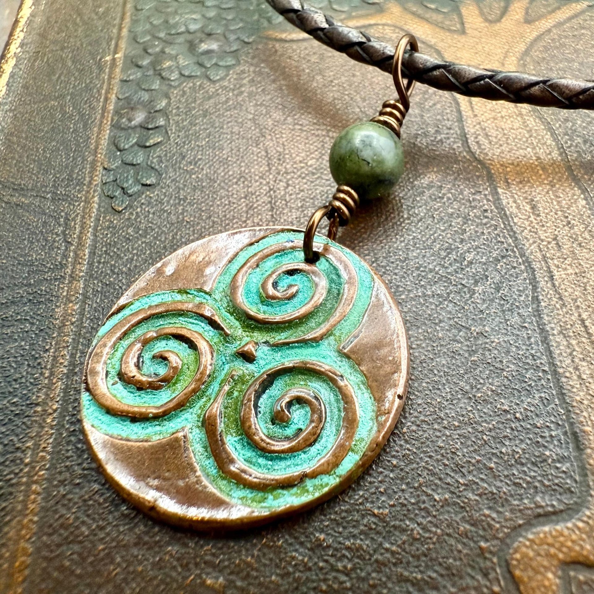 Triskele Copper Pendant, Verdigris Patina, Hand Carved, Connemara Marble, Triskelion Triple Spiral, Irish Celtic Pagan, Newgrange Ireland