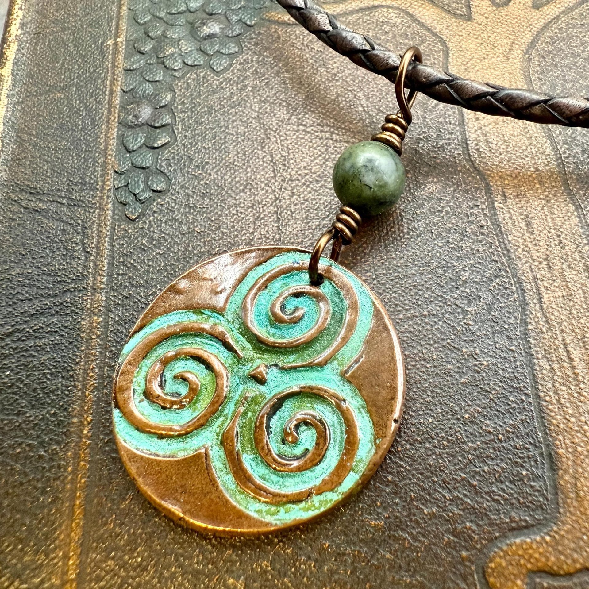 Triskele Copper Pendant, Verdigris Patina, Hand Carved, Connemara Marble, Triskelion Triple Spiral, Irish Celtic Pagan, Newgrange Ireland