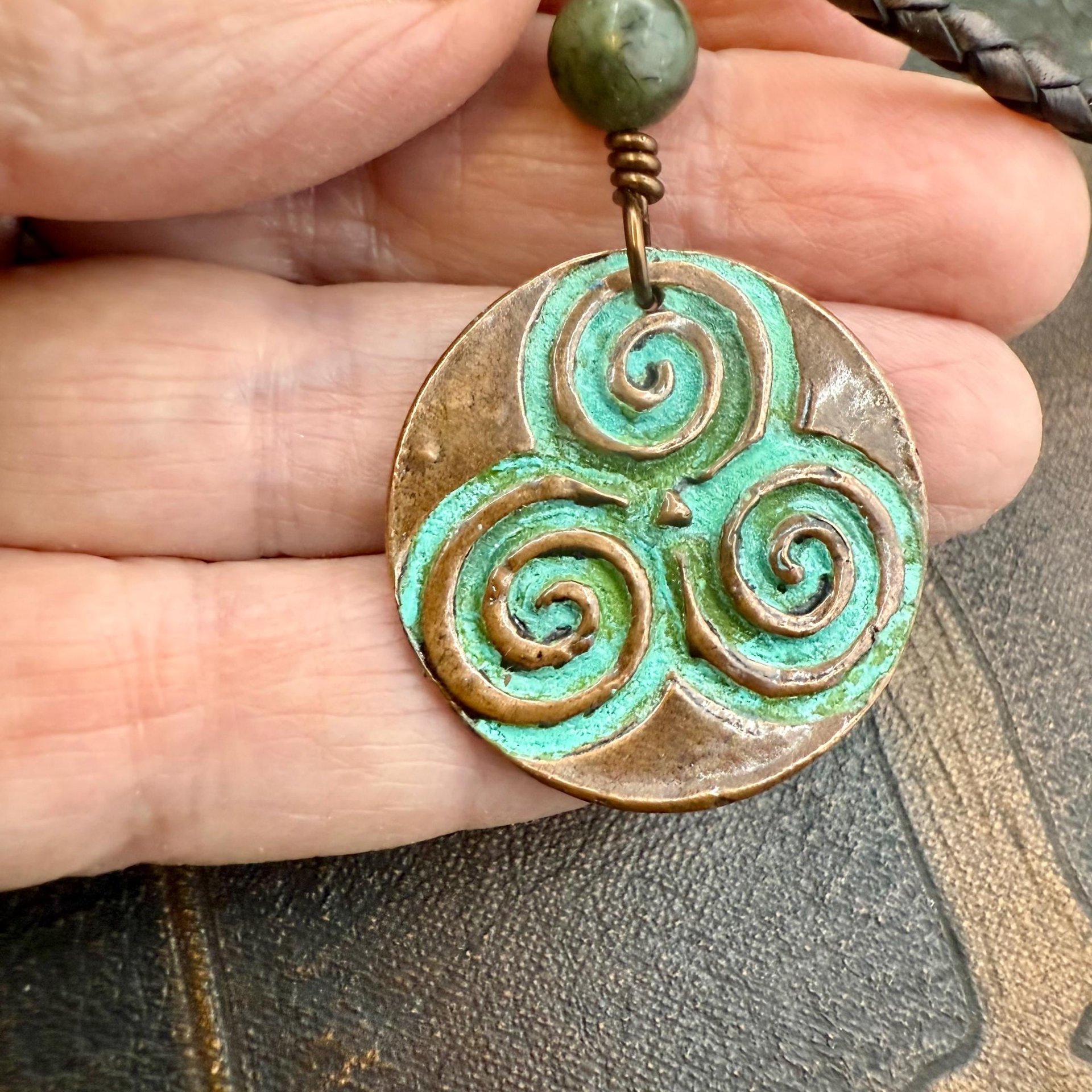 Triskele Copper Pendant, Verdigris Patina, Hand Carved, Connemara Marble, Triskelion Triple Spiral, Irish Celtic Pagan, Newgrange Ireland