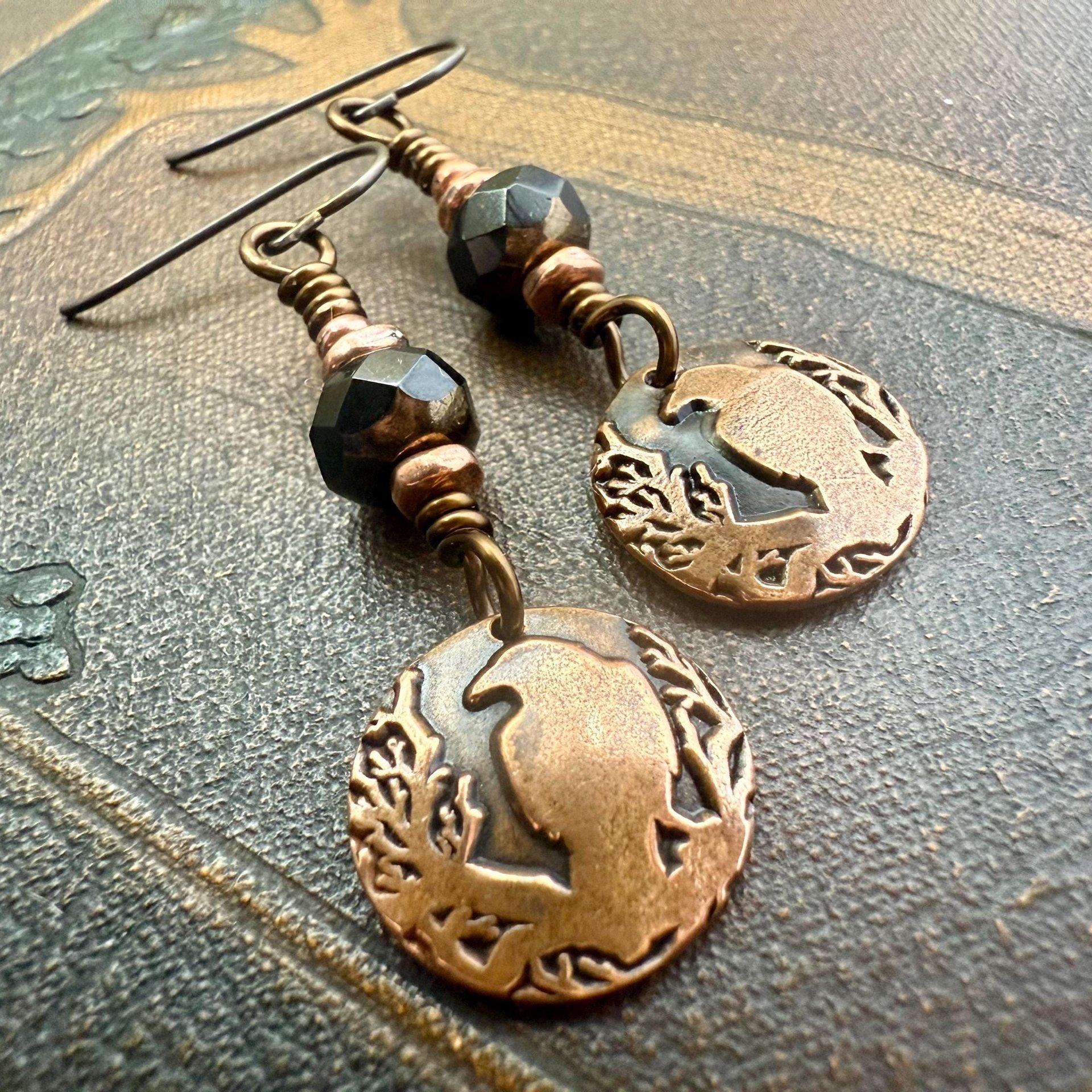 Raven Copper Earrings, Irish Celtic Jewelry, Odin's Ravens, Pagan Wiccan, Celtic Witch Goddess, Crow Corvid, Hypoallergenic Ear Wires