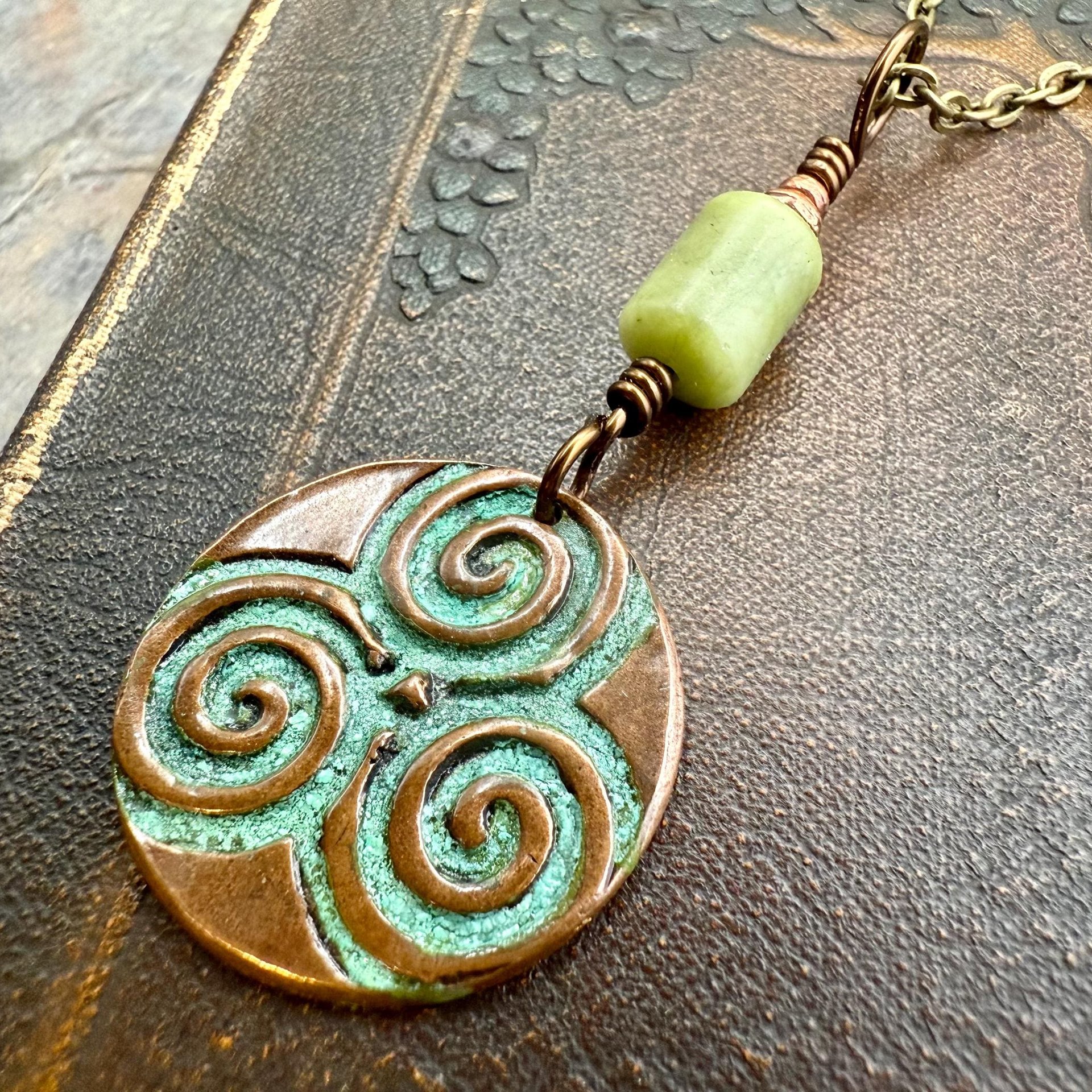 Triskele Copper Pendant, Verdigris Patina, Hand Carved, Connemara Marble, Triskelion Triple Spiral, Irish Celtic Pagan, Newgrange Ireland