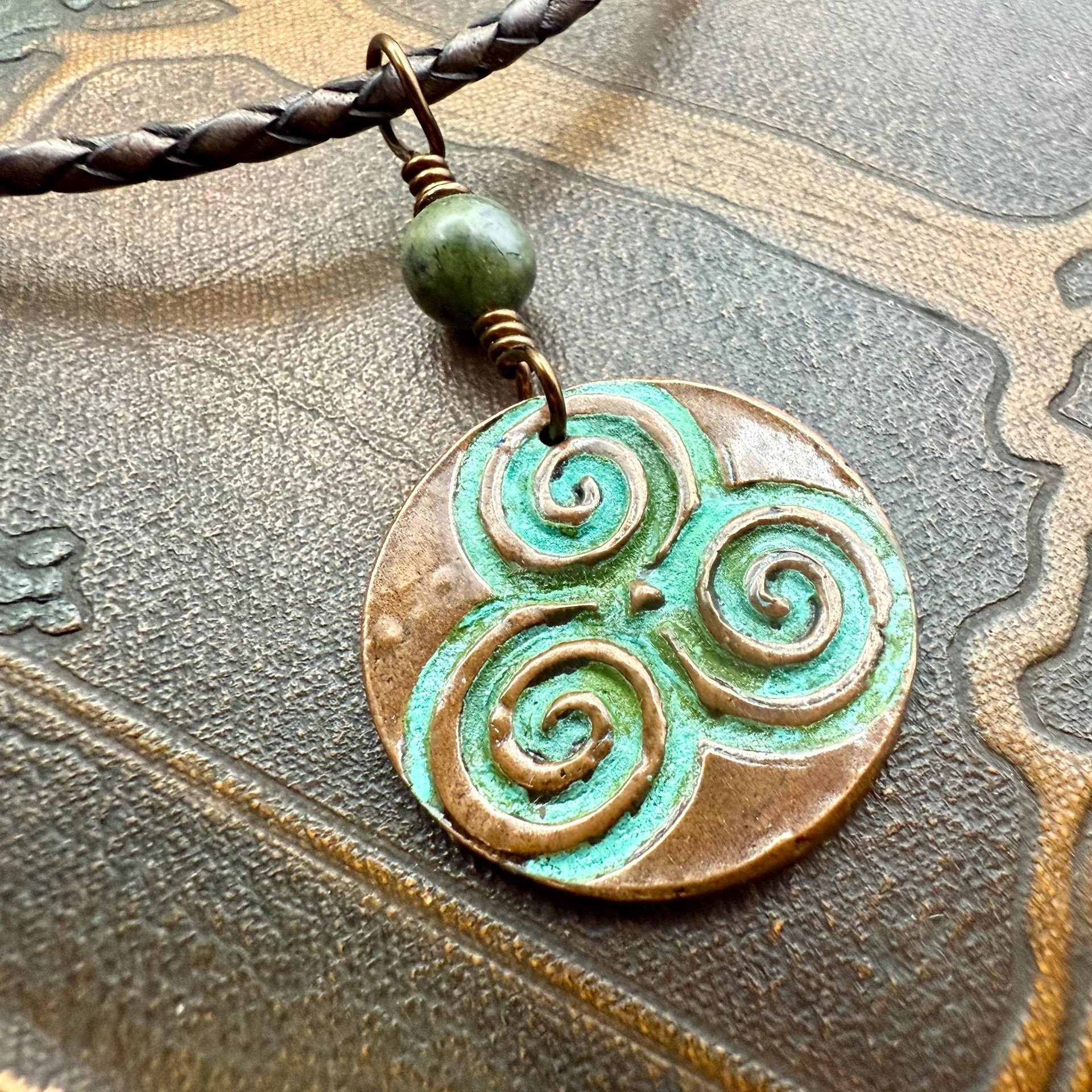 Triskele Copper Pendant, Verdigris Patina, Hand Carved, Connemara Marble, Triskelion Triple Spiral, Irish Celtic Pagan, Newgrange Ireland