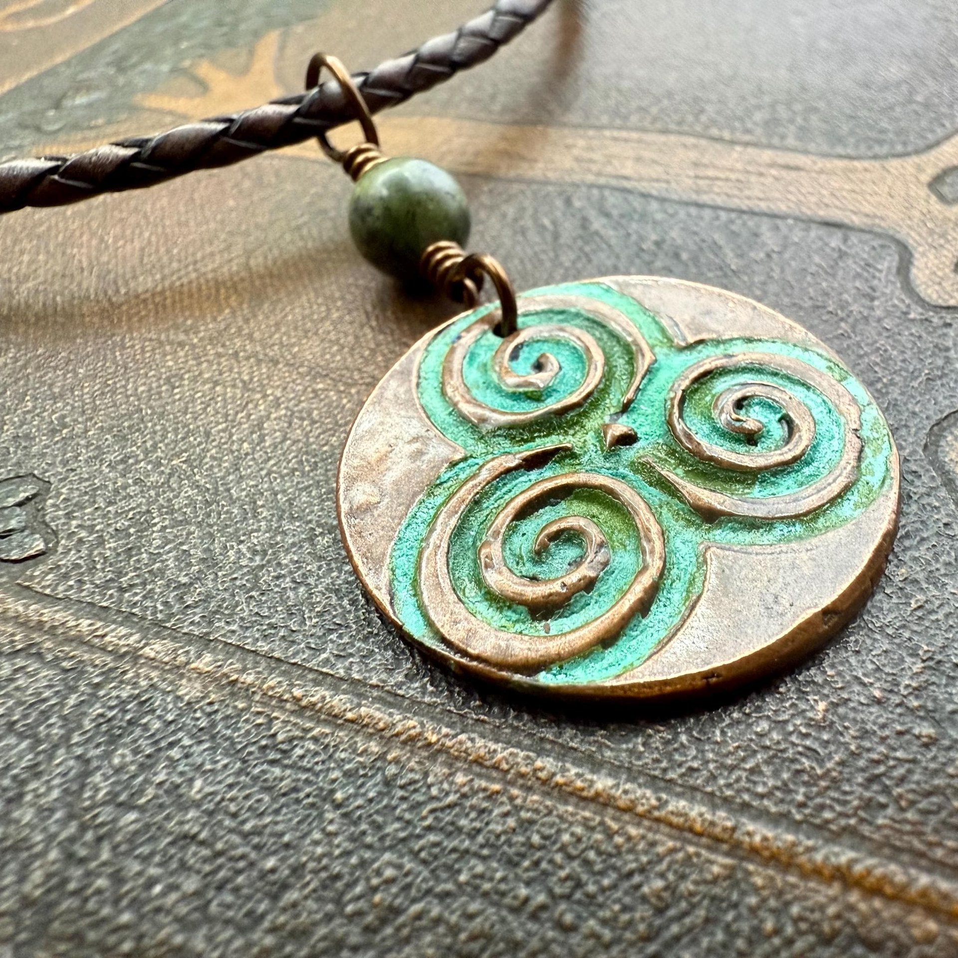 Triskele Copper Pendant, Verdigris Patina, Hand Carved, Connemara Marble, Triskelion Triple Spiral, Irish Celtic Pagan, Newgrange Ireland