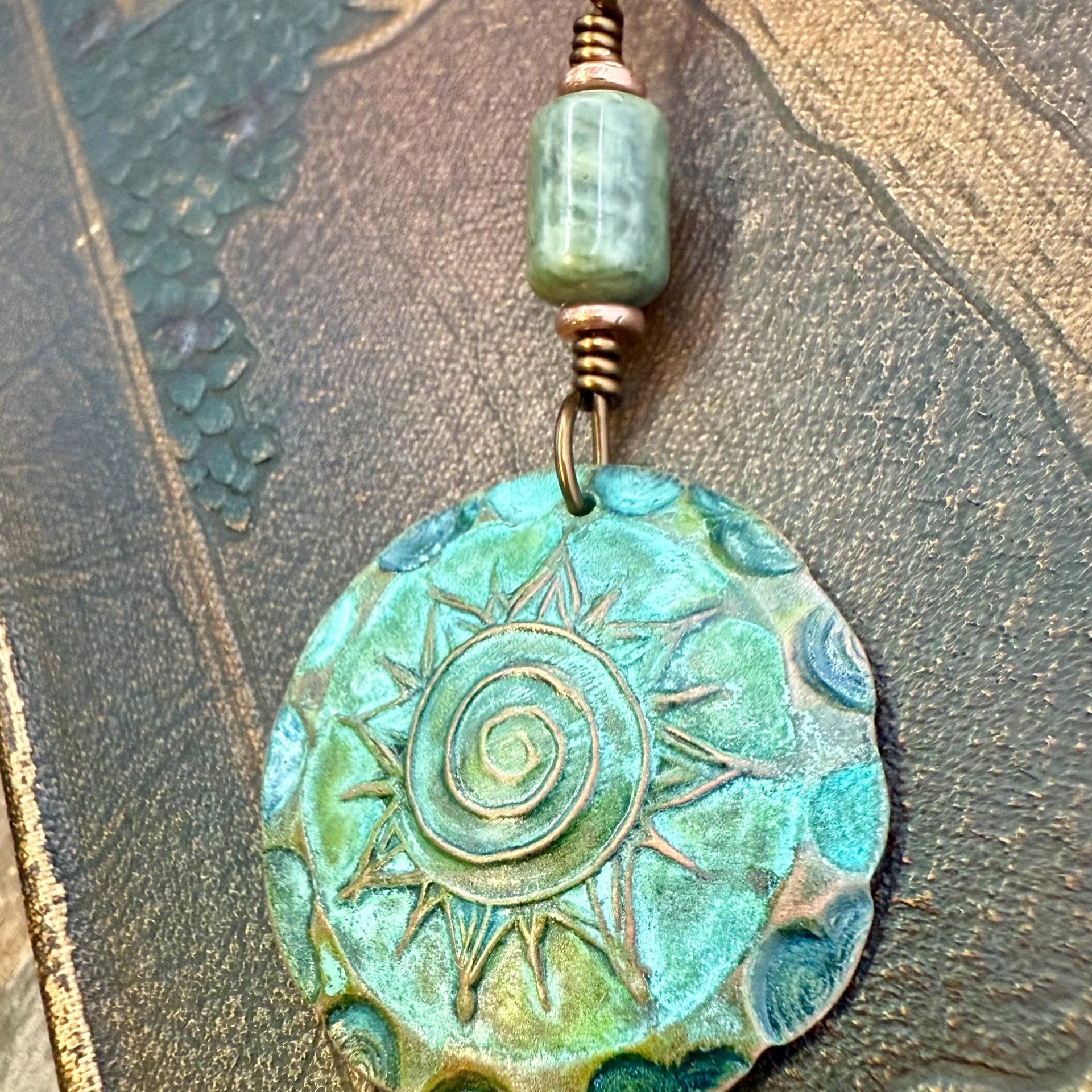 Celtic Sun Spiral Pendant, Copper Verdigris Patina, Irish Celtic Spirals, Connemara Marble, Leather & Vegan Cords, Earthy Rustic Art Jewelry