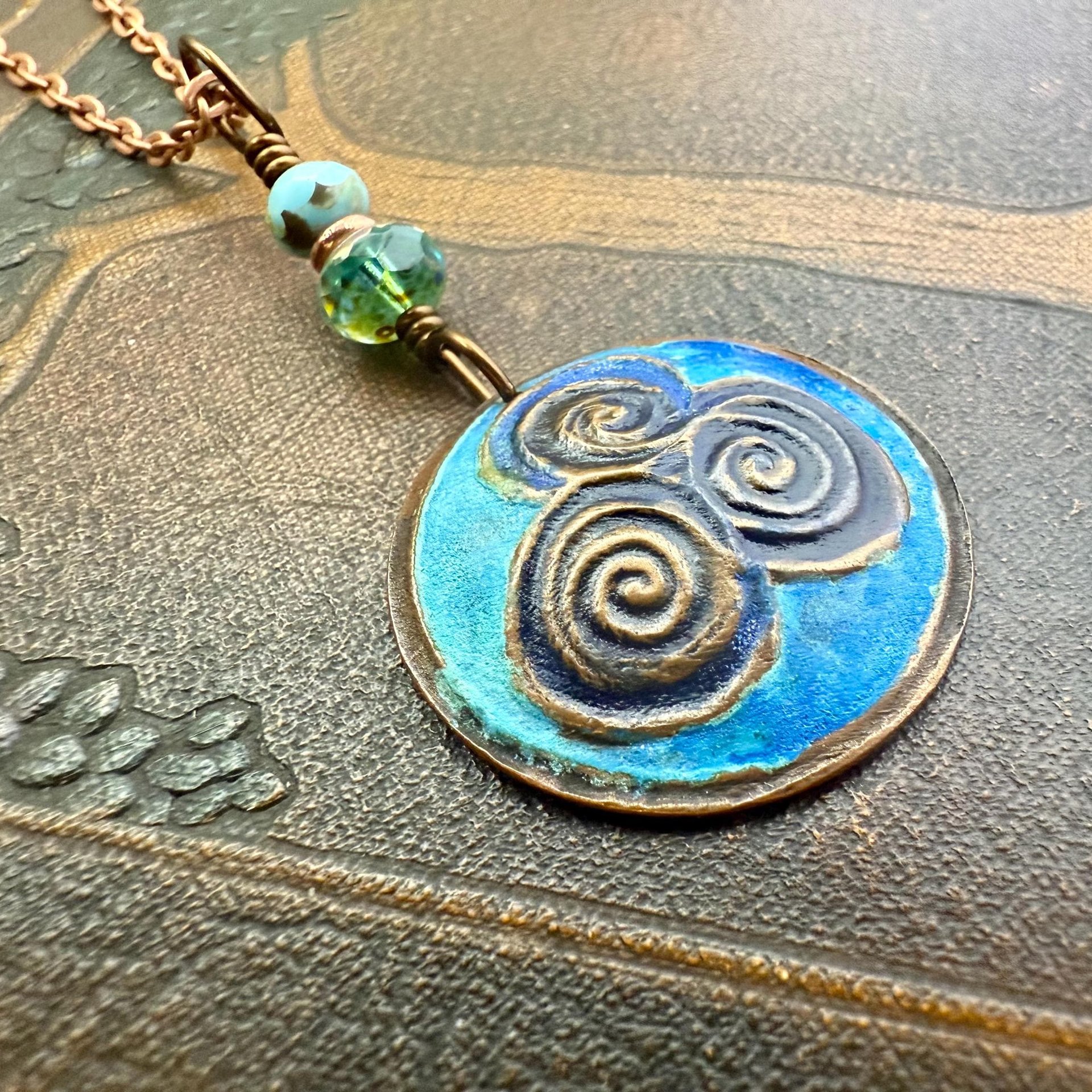 Newgrange Spirals, Copper Pendant, Czech Glass Beads, Triple Spiral, Irish Celtic Jewelry, Verdigris Patina, Blue Green Copper, Pagan Witch