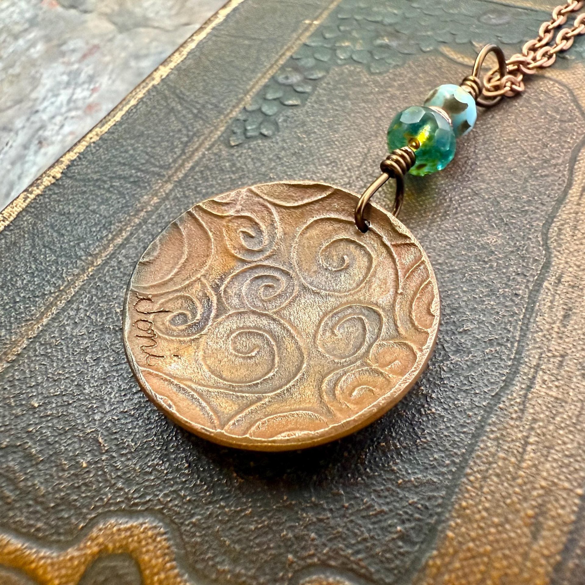 Newgrange Spirals, Copper Pendant, Czech Glass Beads, Triple Spiral, Irish Celtic Jewelry, Verdigris Patina, Blue Green Copper, Pagan Witch