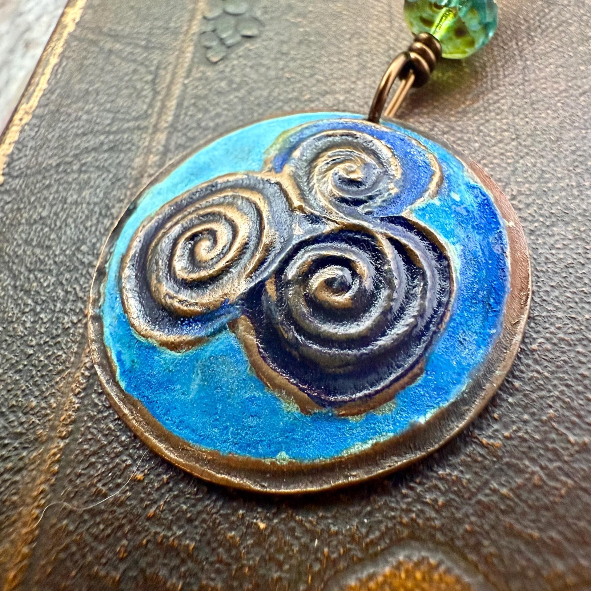 Newgrange Spirals, Copper Pendant, Czech Glass Beads, Triple Spiral, Irish Celtic Jewelry, Verdigris Patina, Blue Green Copper, Pagan Witch