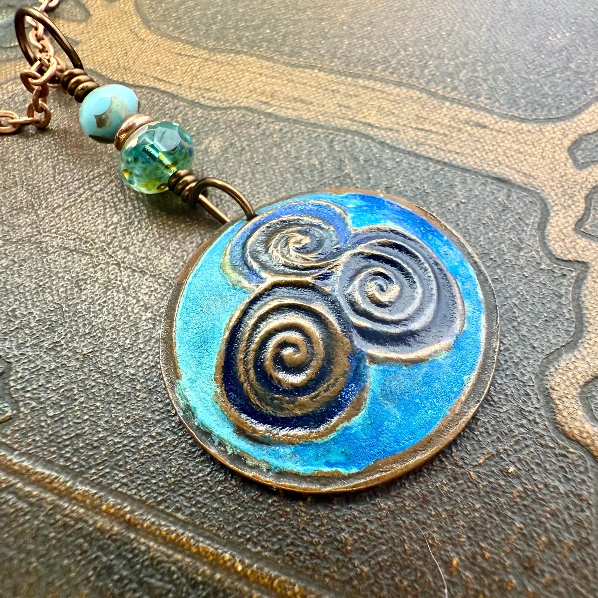 Newgrange Spirals, Copper Pendant, Czech Glass Beads, Triple Spiral, Irish Celtic Jewelry, Verdigris Patina, Blue Green Copper, Pagan Witch