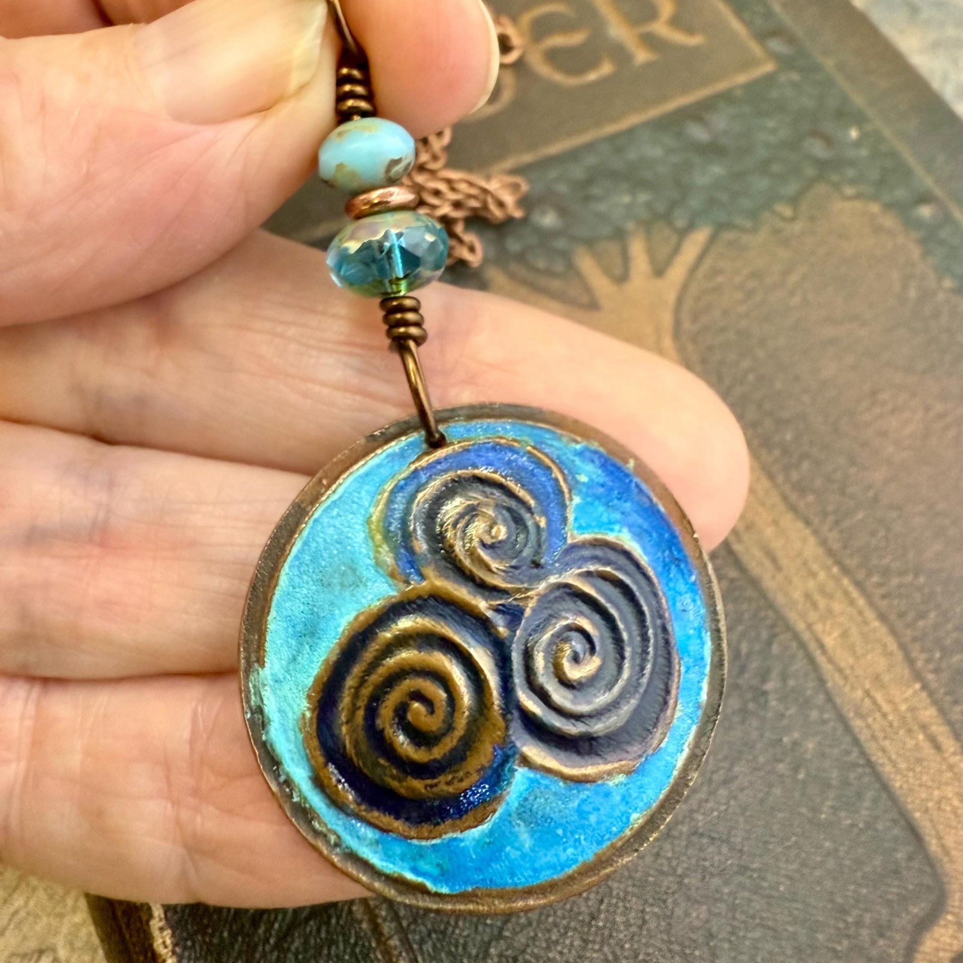 Newgrange Spirals, Copper Pendant, Czech Glass Beads, Triple Spiral, Irish Celtic Jewelry, Verdigris Patina, Blue Green Copper, Pagan Witch