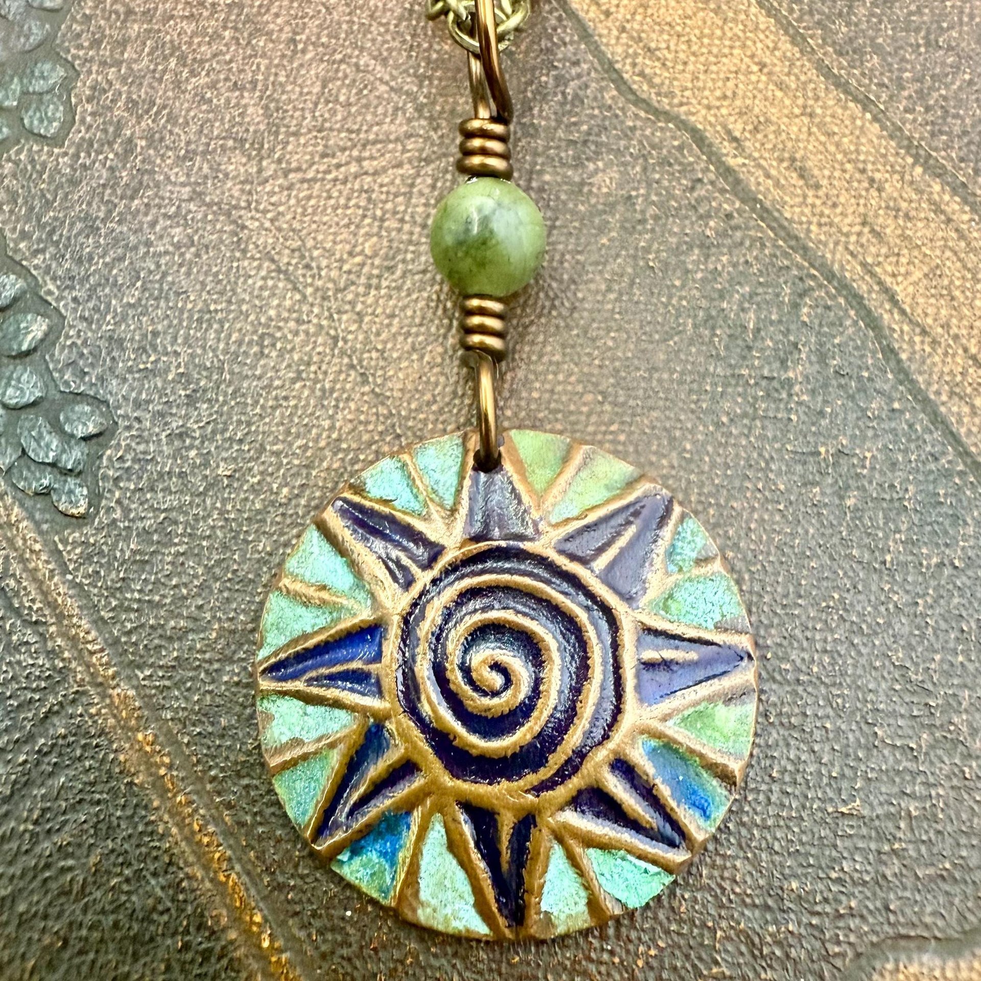 Celtic Sun Spiral Necklace, Copper Patina Pendant, Connemara Marble Bead, Irish Celtic Spirals, Colorful Sun, Pagan Celtic Witch, Handmade