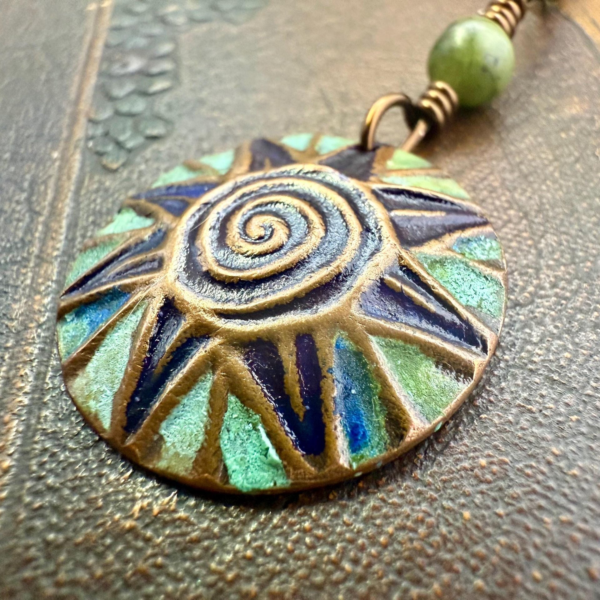 Celtic Sun Spiral Necklace, Copper Patina Pendant, Connemara Marble Bead, Irish Celtic Spirals, Colorful Sun, Pagan Celtic Witch, Handmade