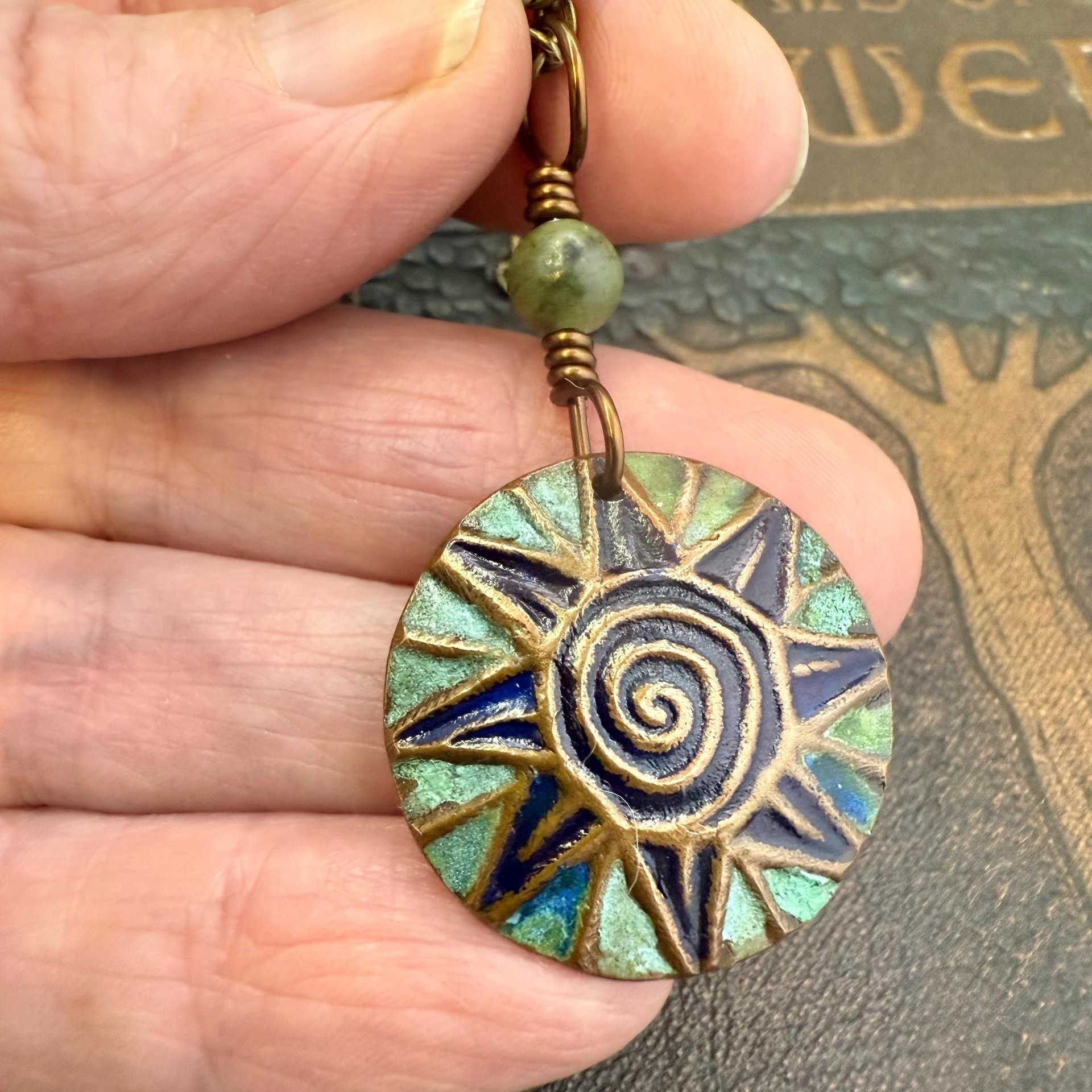 Celtic Sun Spiral Necklace, Copper Patina Pendant, Connemara Marble Bead, Irish Celtic Spirals, Colorful Sun, Pagan Celtic Witch, Handmade