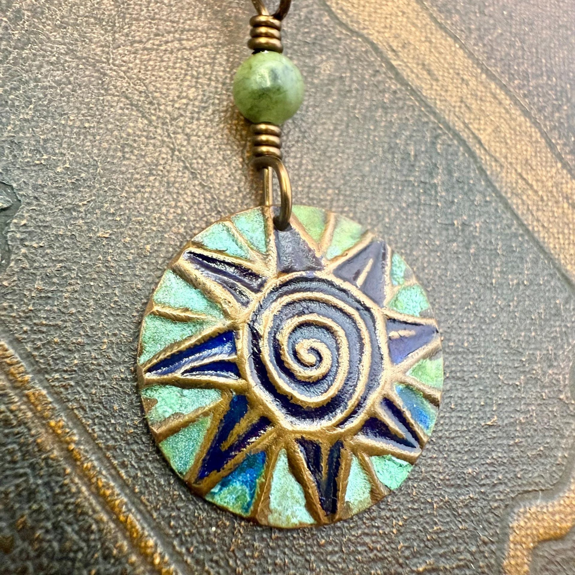 Celtic Sun Spiral Necklace, Copper Patina Pendant, Connemara Marble Bead, Irish Celtic Spirals, Colorful Sun, Pagan Celtic Witch, Handmade