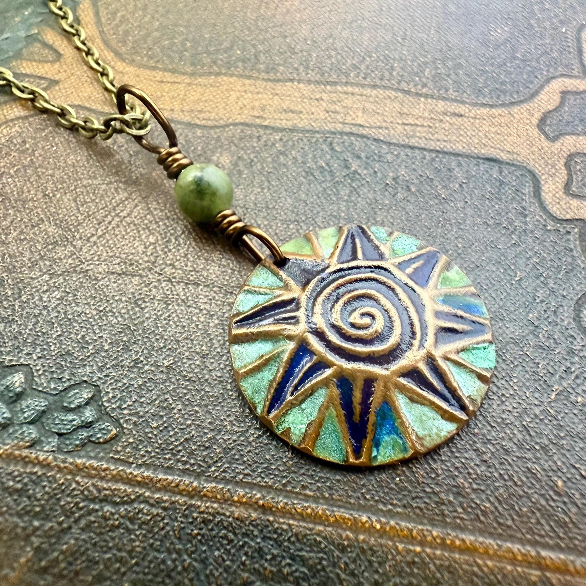 Celtic Sun Spiral Necklace, Copper Patina Pendant, Connemara Marble Bead, Irish Celtic Spirals, Colorful Sun, Pagan Celtic Witch, Handmade