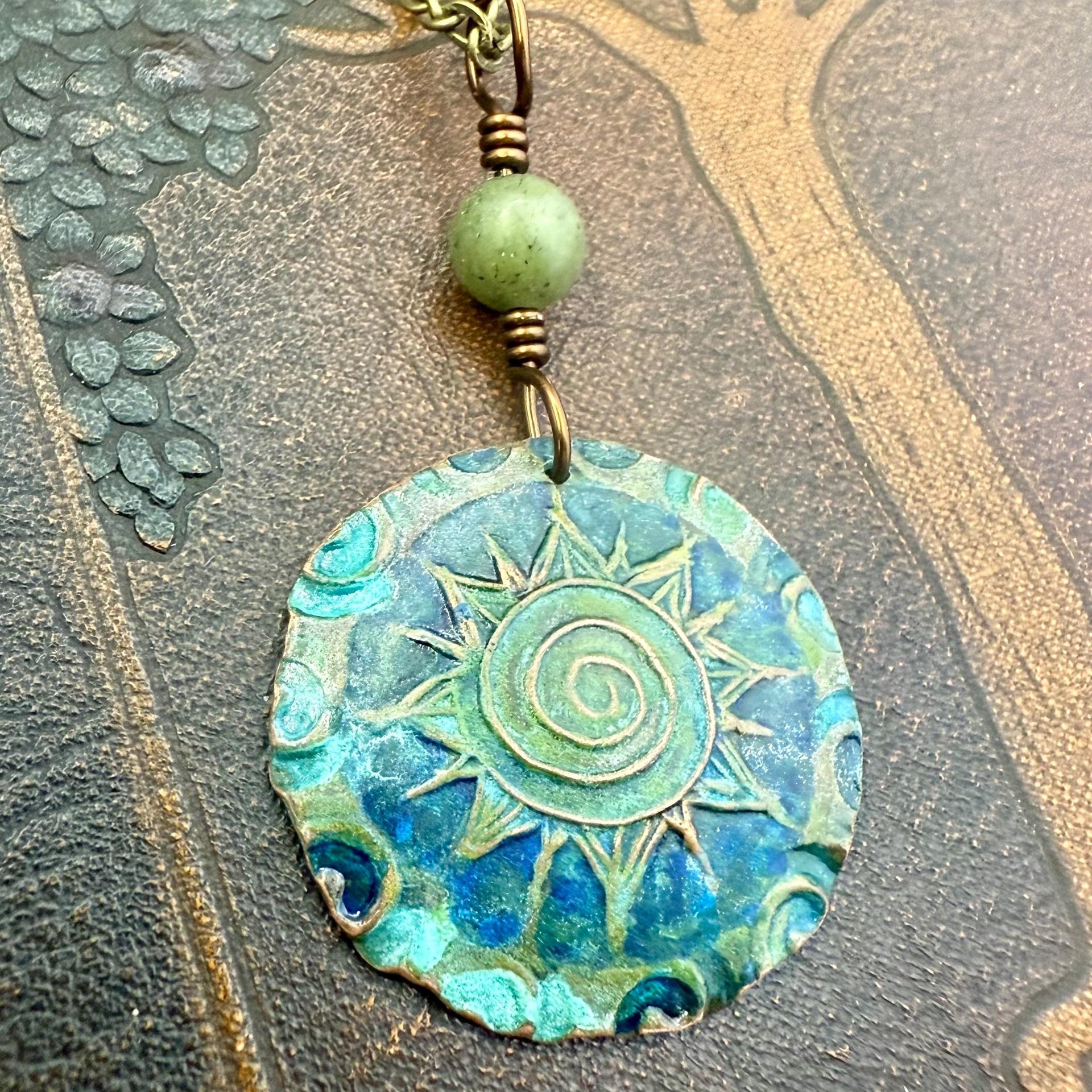 Celtic Sun Spiral Pendant, Copper Verdigris Patina, Irish Celtic Spirals, Connemara Marble, Leather & Vegan Cords, Earthy Rustic Art Jewelry