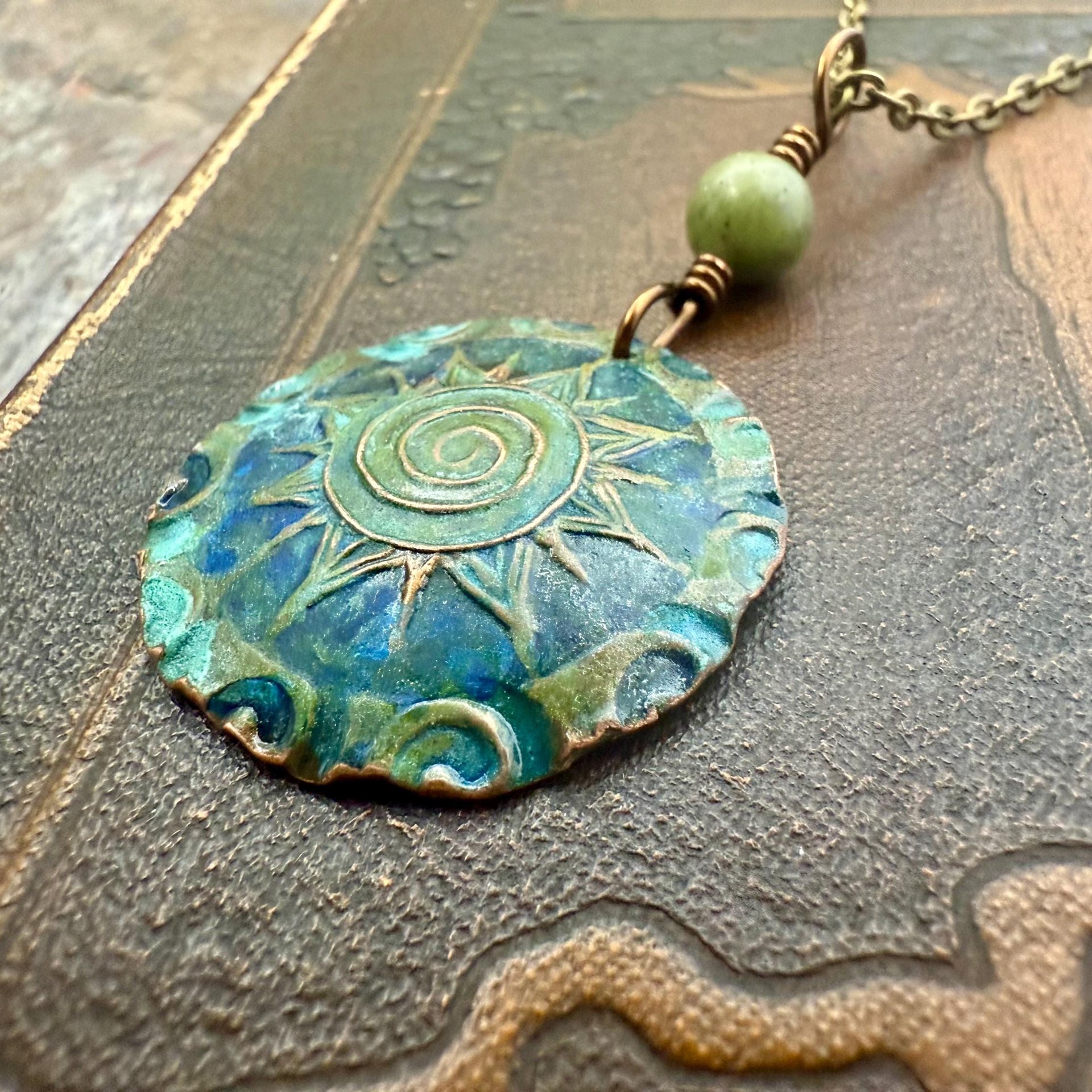 Celtic Sun Spiral Pendant, Copper Verdigris Patina, Irish Celtic Spirals, Connemara Marble, Leather & Vegan Cords, Earthy Rustic Art Jewelry