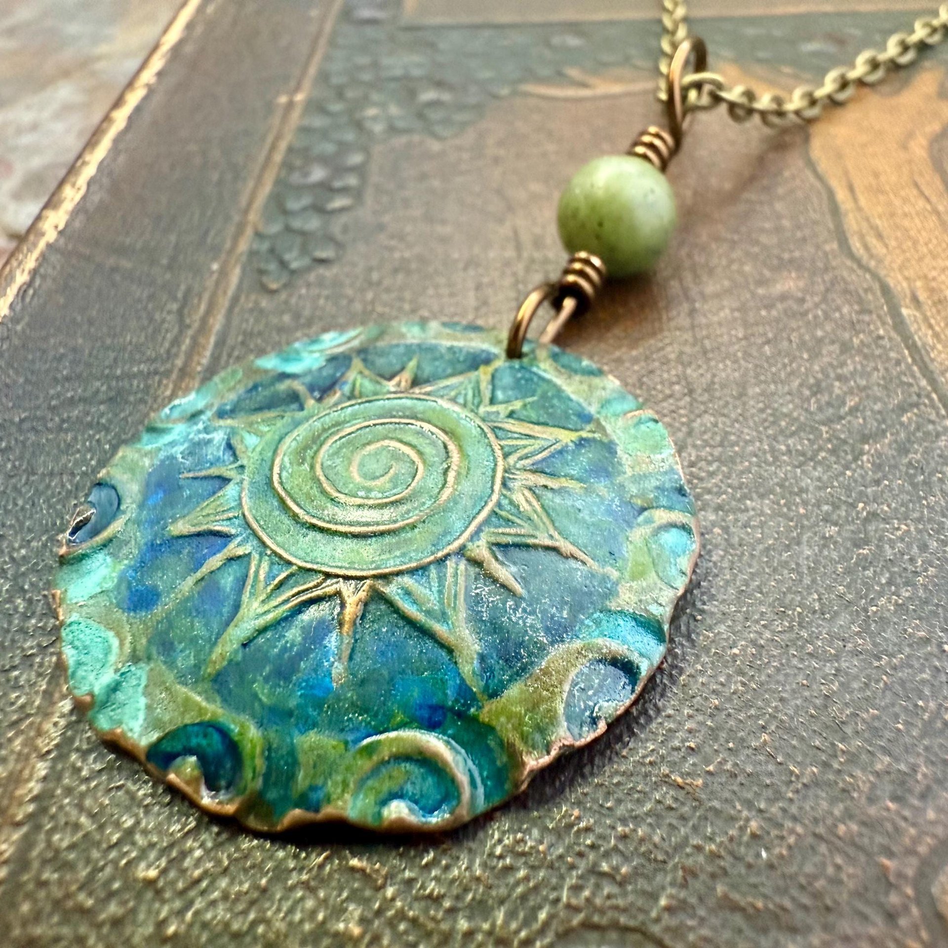 Celtic Sun Spiral Pendant, Copper Verdigris Patina, Irish Celtic Spirals, Connemara Marble, Leather & Vegan Cords, Earthy Rustic Art Jewelry