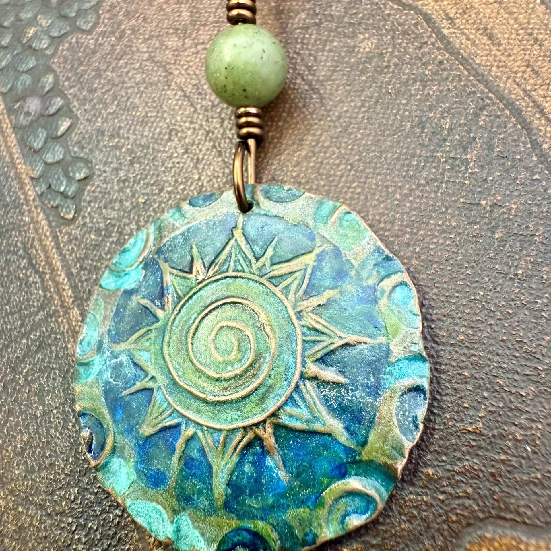 Celtic Sun Spiral Pendant, Copper Verdigris Patina, Irish Celtic Spirals, Connemara Marble, Leather & Vegan Cords, Earthy Rustic Art Jewelry