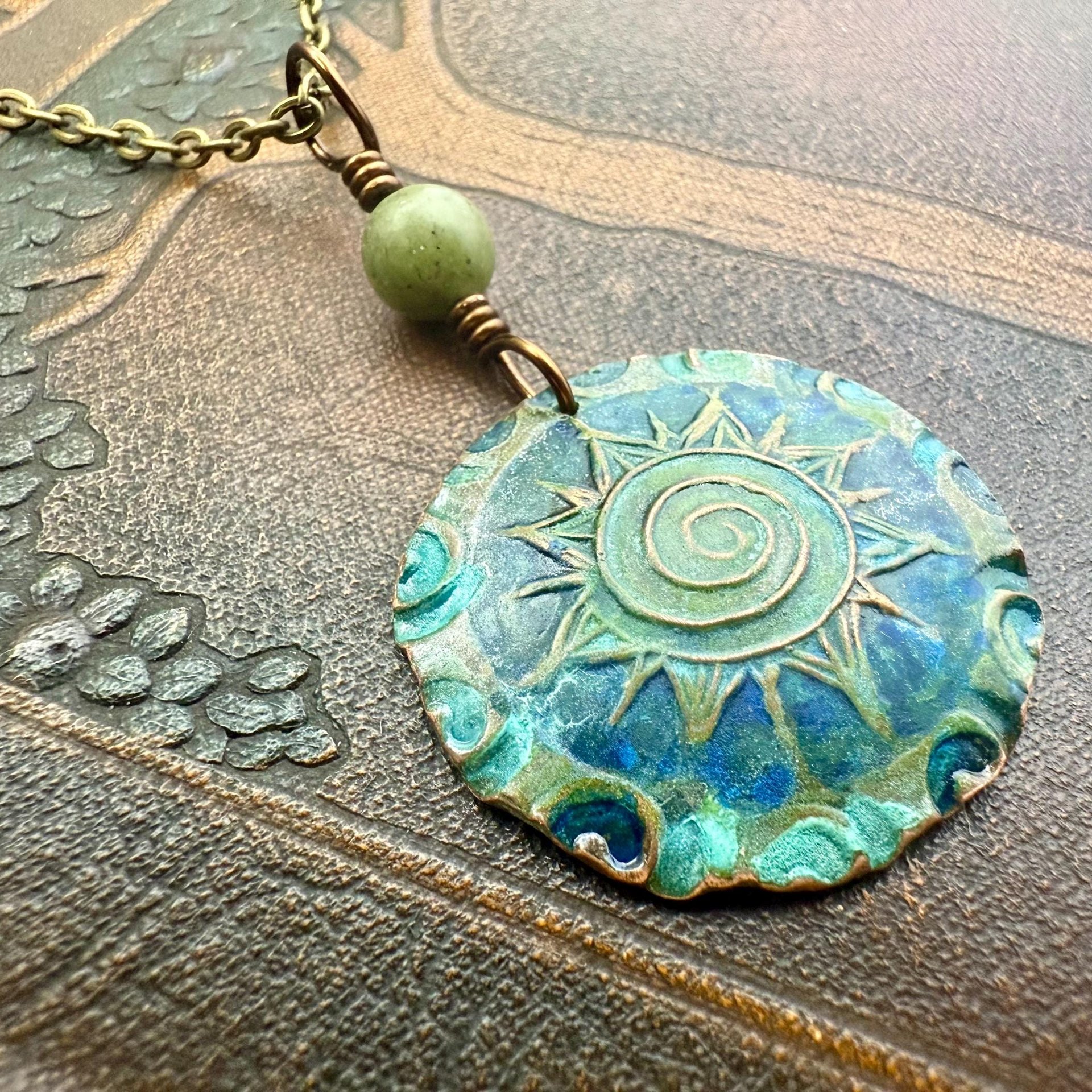 Celtic Sun Spiral Pendant, Copper Verdigris Patina, Irish Celtic Spirals, Connemara Marble, Leather & Vegan Cords, Earthy Rustic Art Jewelry