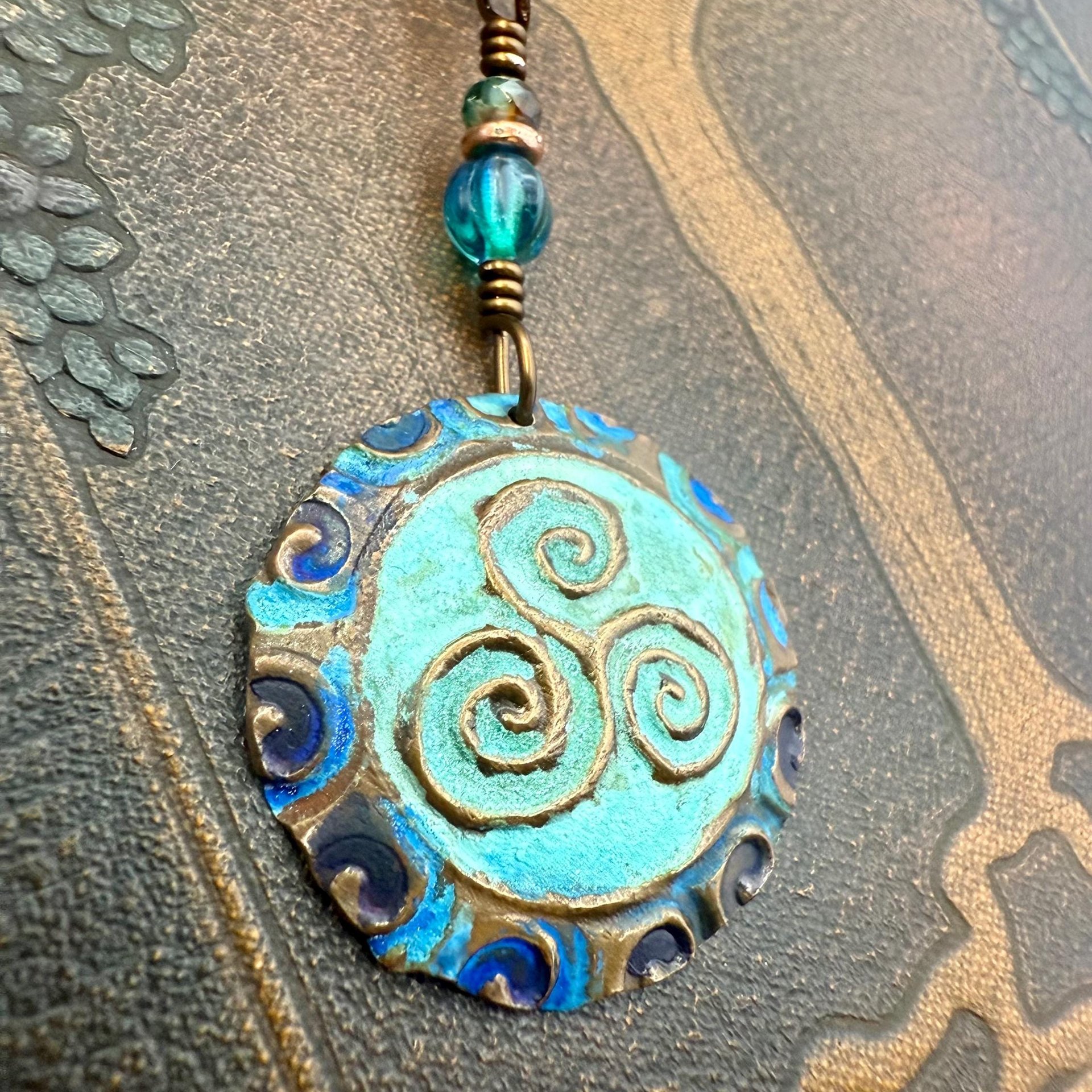 Triskele Copper Pendant, Verdigris Patina, Hand Carved, Czech Glass Beads, Triskelion Triple Spiral, Irish Celtic Pagan, Newgrange Ireland