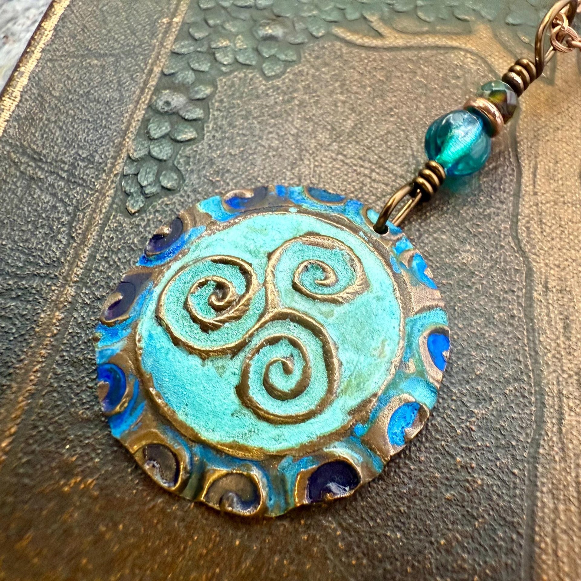 Triskele Copper Pendant, Verdigris Patina, Hand Carved, Czech Glass Beads, Triskelion Triple Spiral, Irish Celtic Pagan, Newgrange Ireland